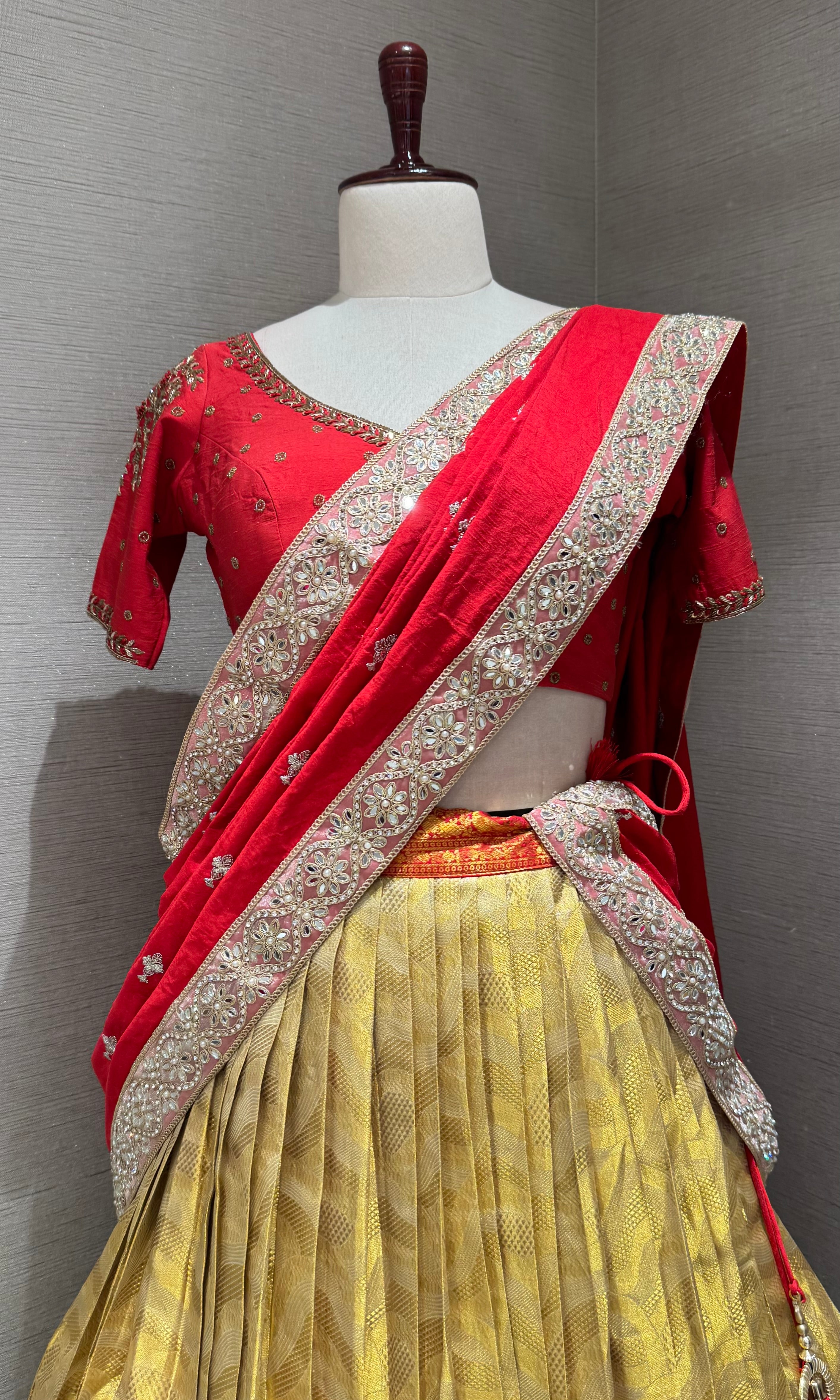 Red and gold banarasi pattu lehenga set