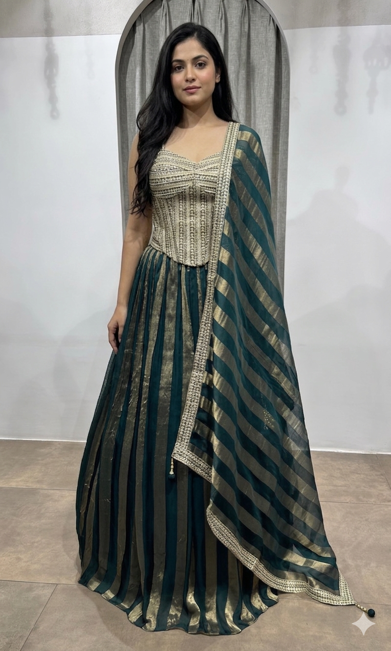 green and gold striped corset lehenga