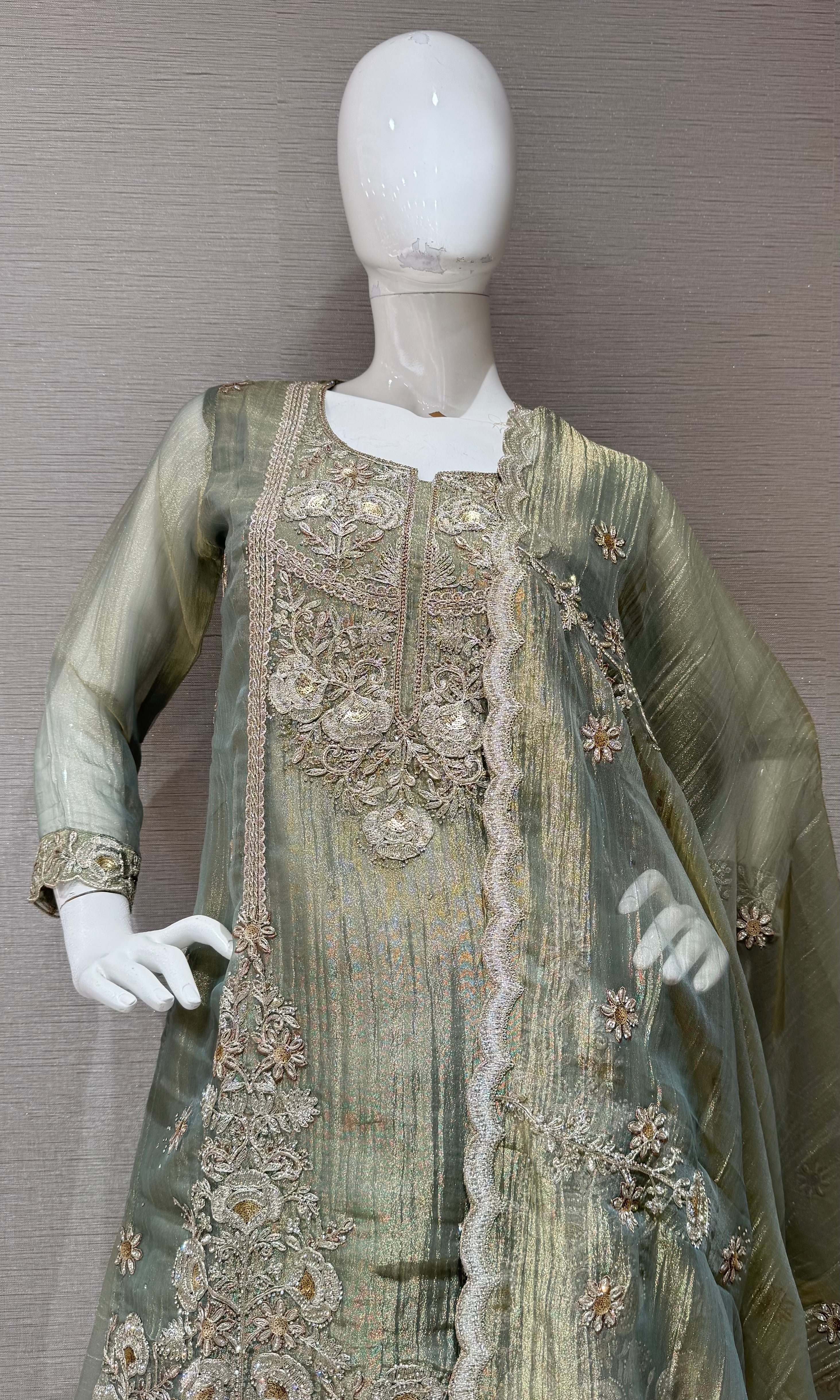Pista green Shimmer gold embroidered Sharara Set