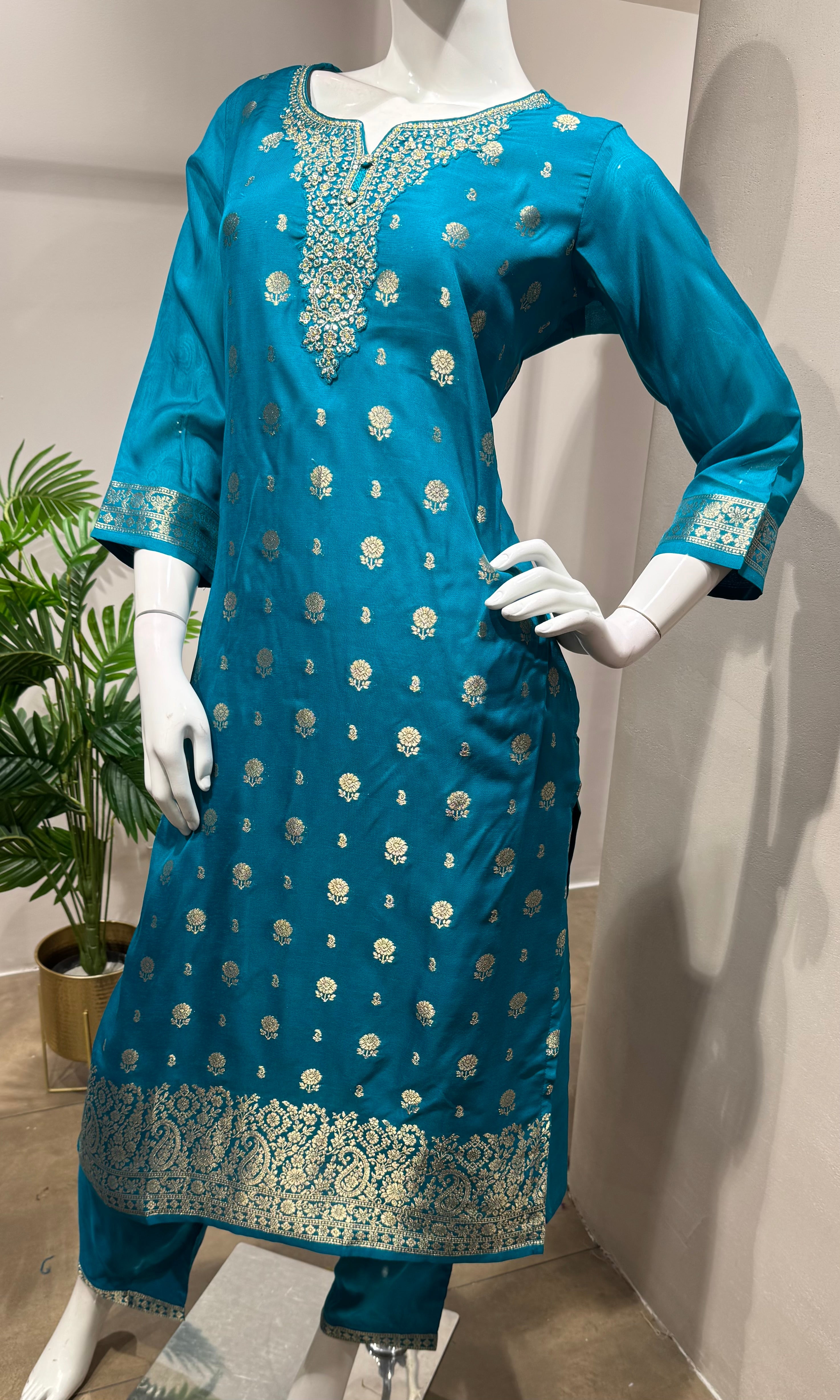 Rama blue silk kurta set with yellow dupatta