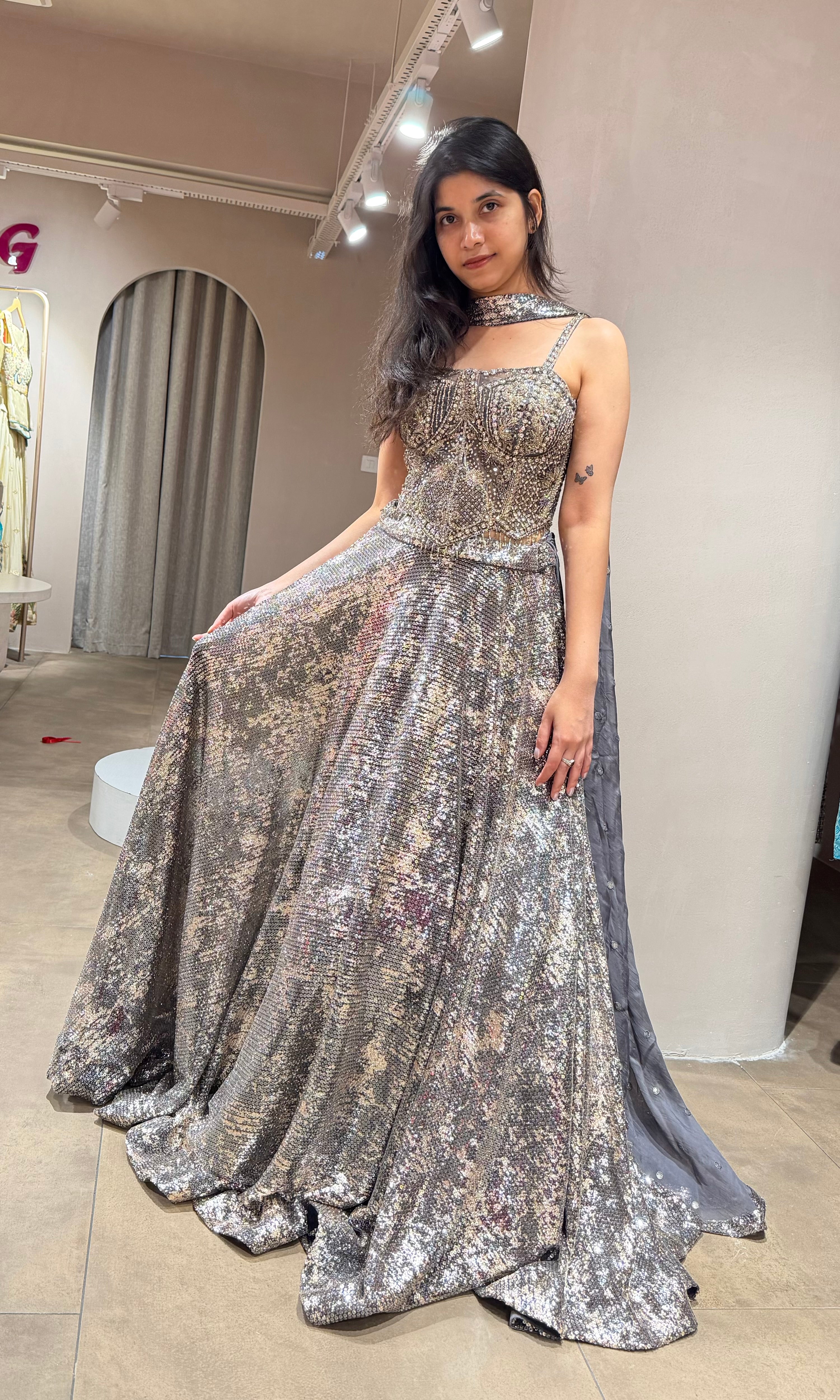 Grey LEHENGA WITH CORSET BLOUSE