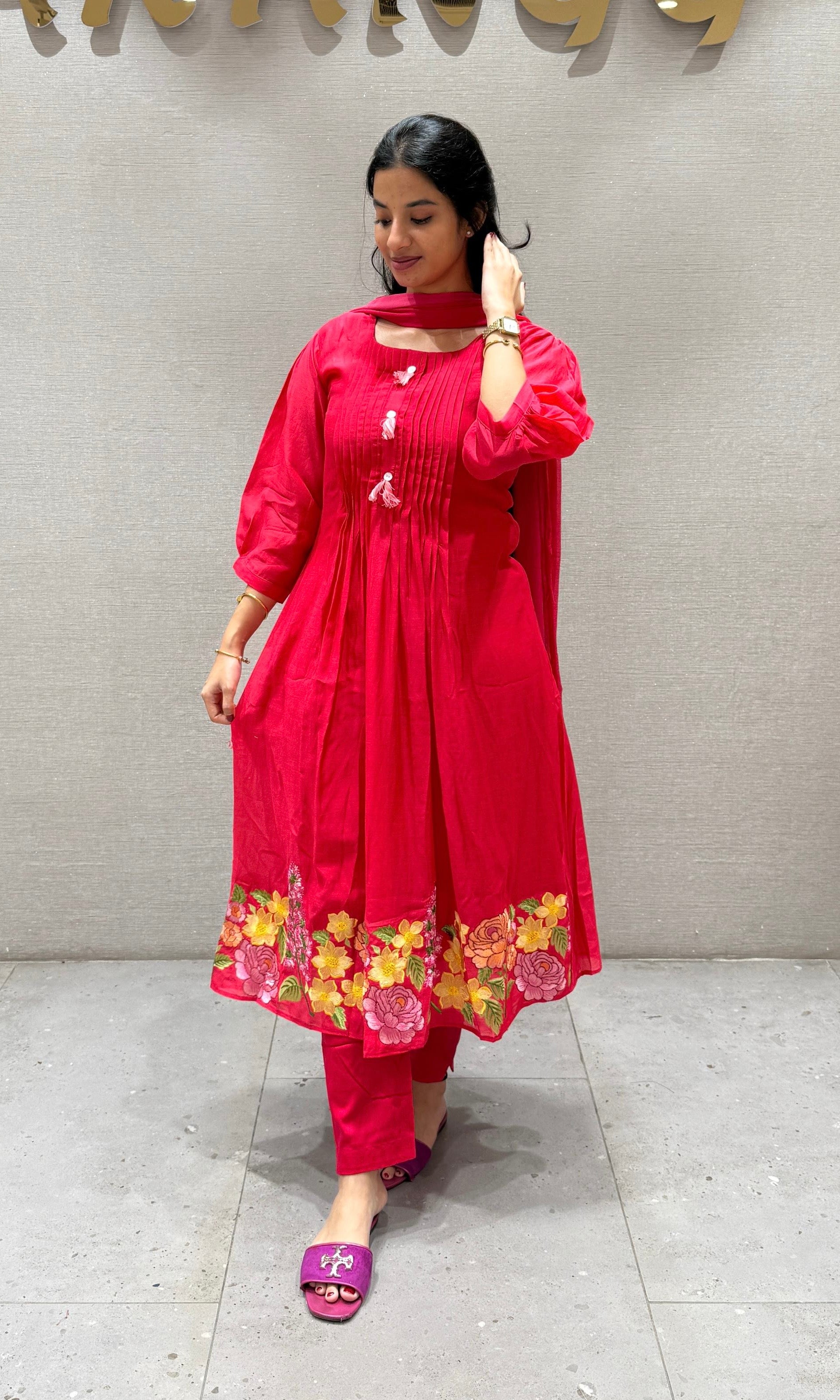 Rani pink Mul Chanderi kurta set