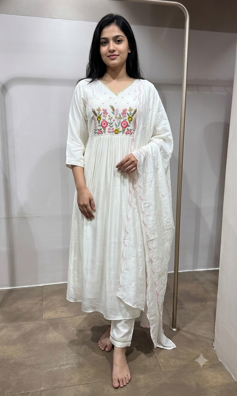 Cream Mul Chanderi embroidered kurta set