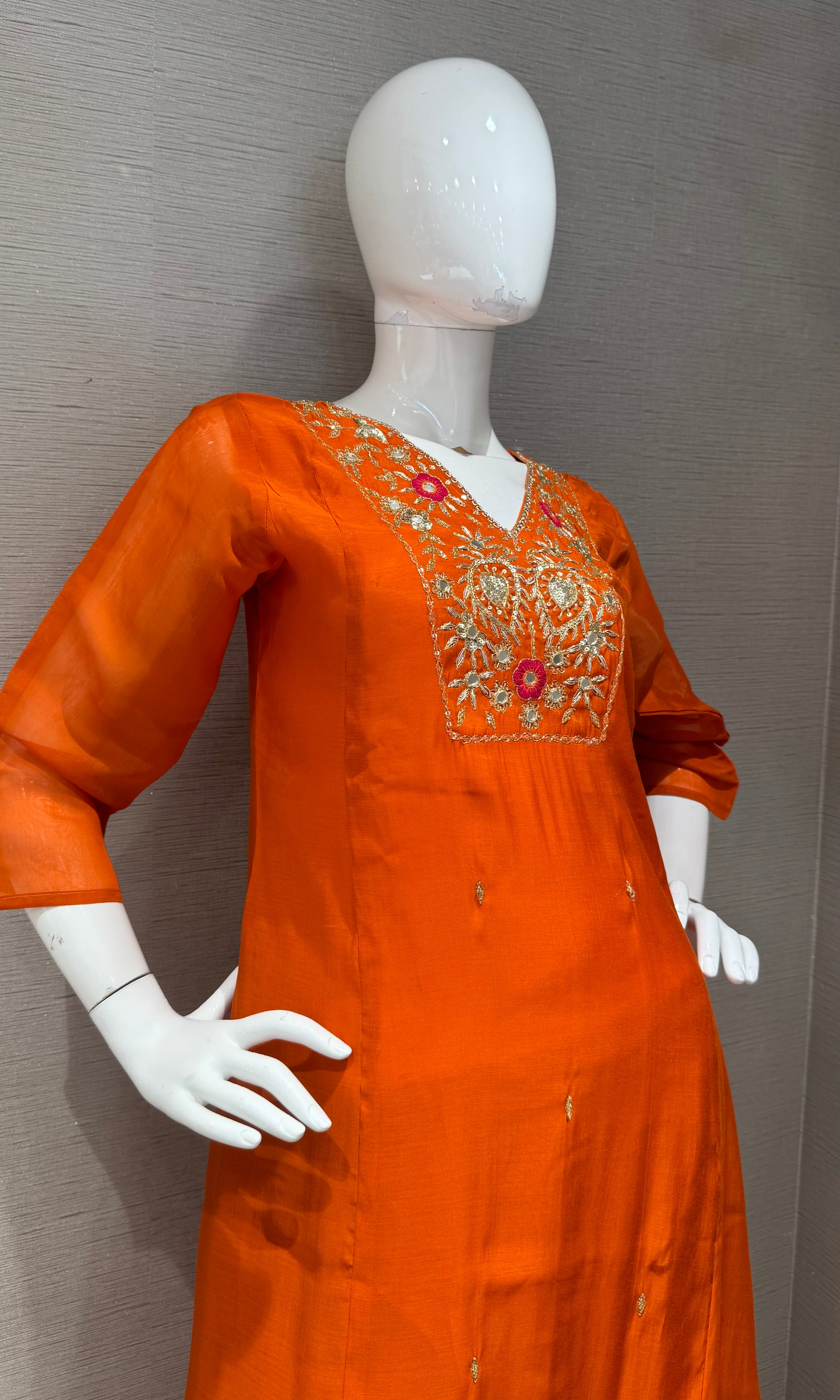 Orange Silk Salwar Suit Set with Contrasting Pink Dupatta