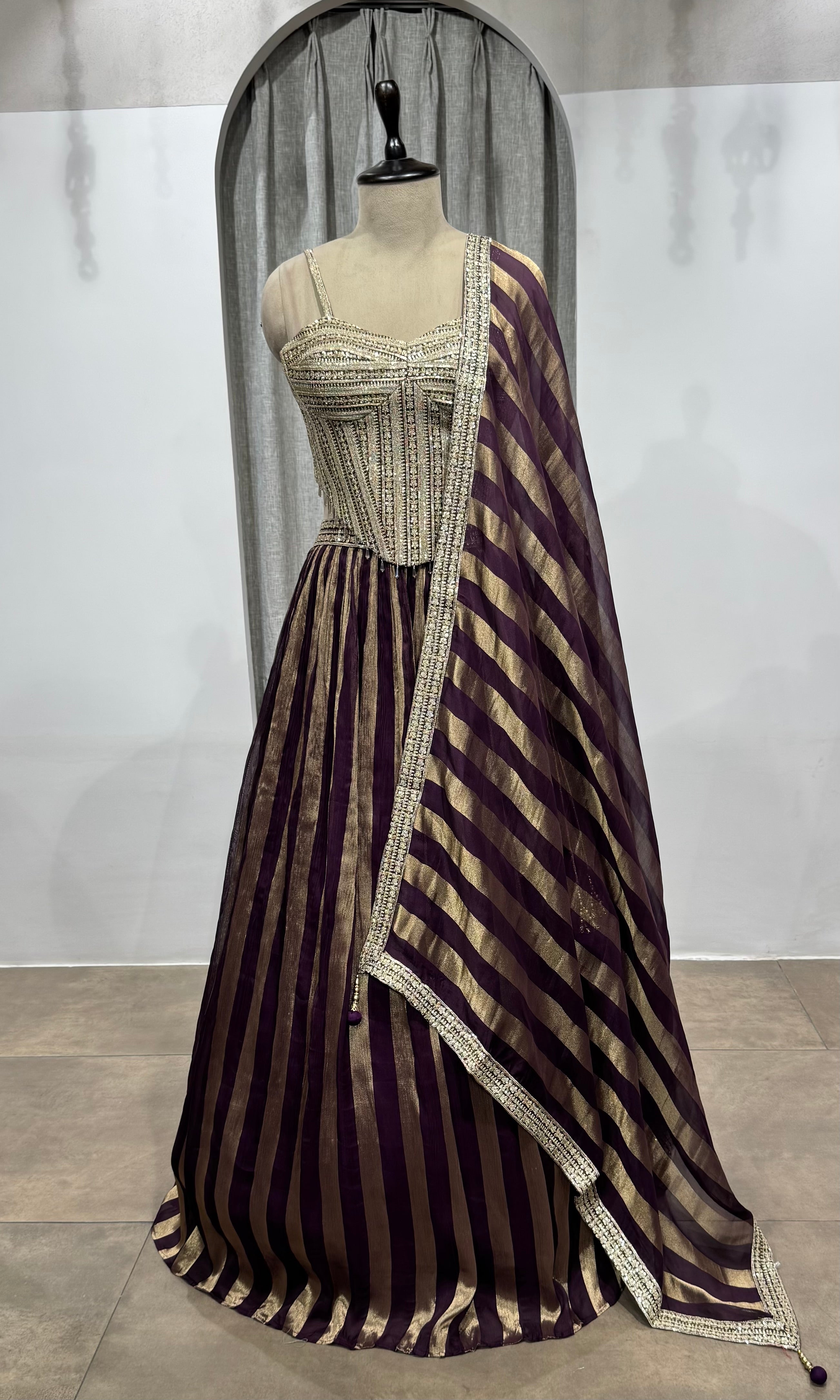 wine and gold striped corset lehenga