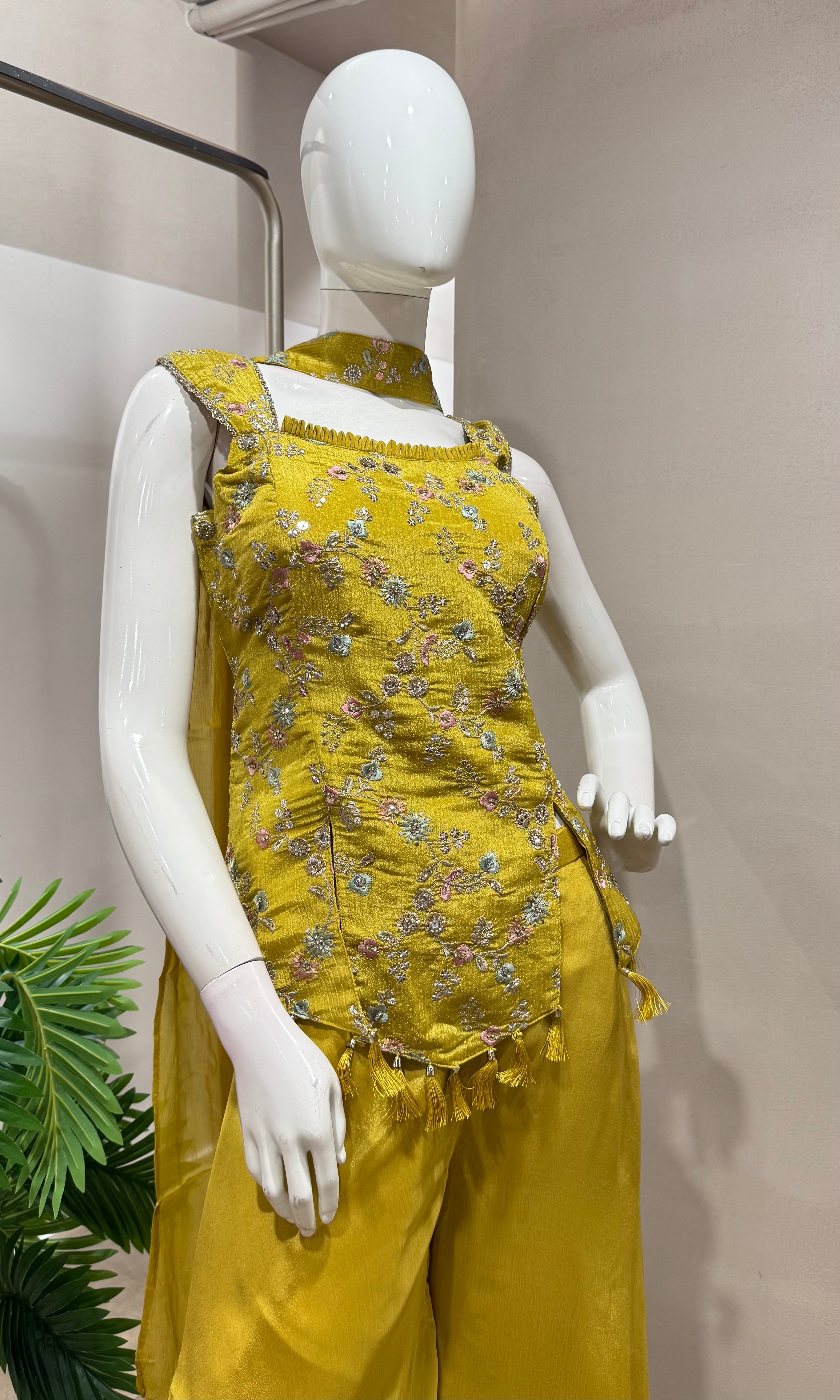 Mustard embroidered peplum palazzo set