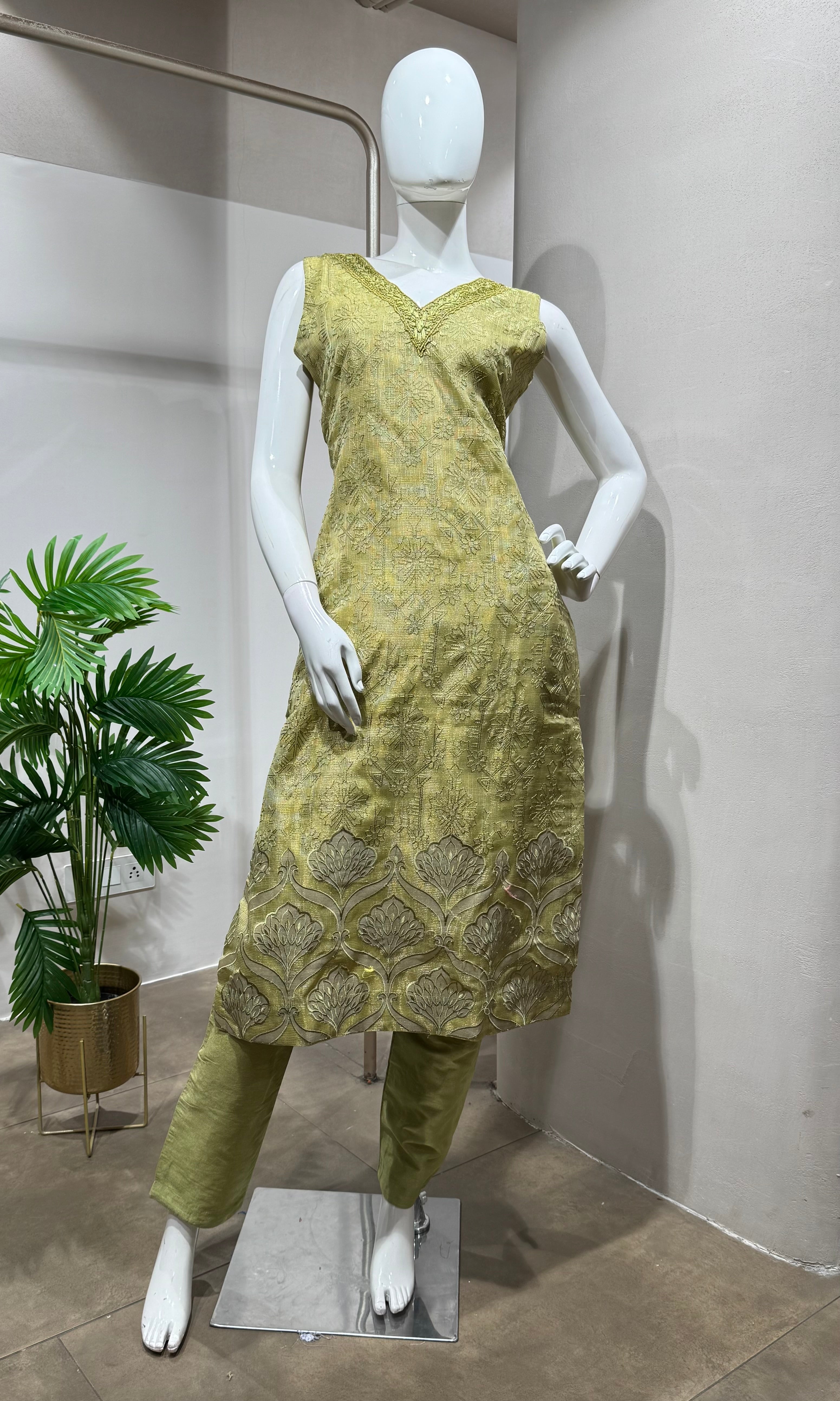 mehandi green embroidered tissue kurta set