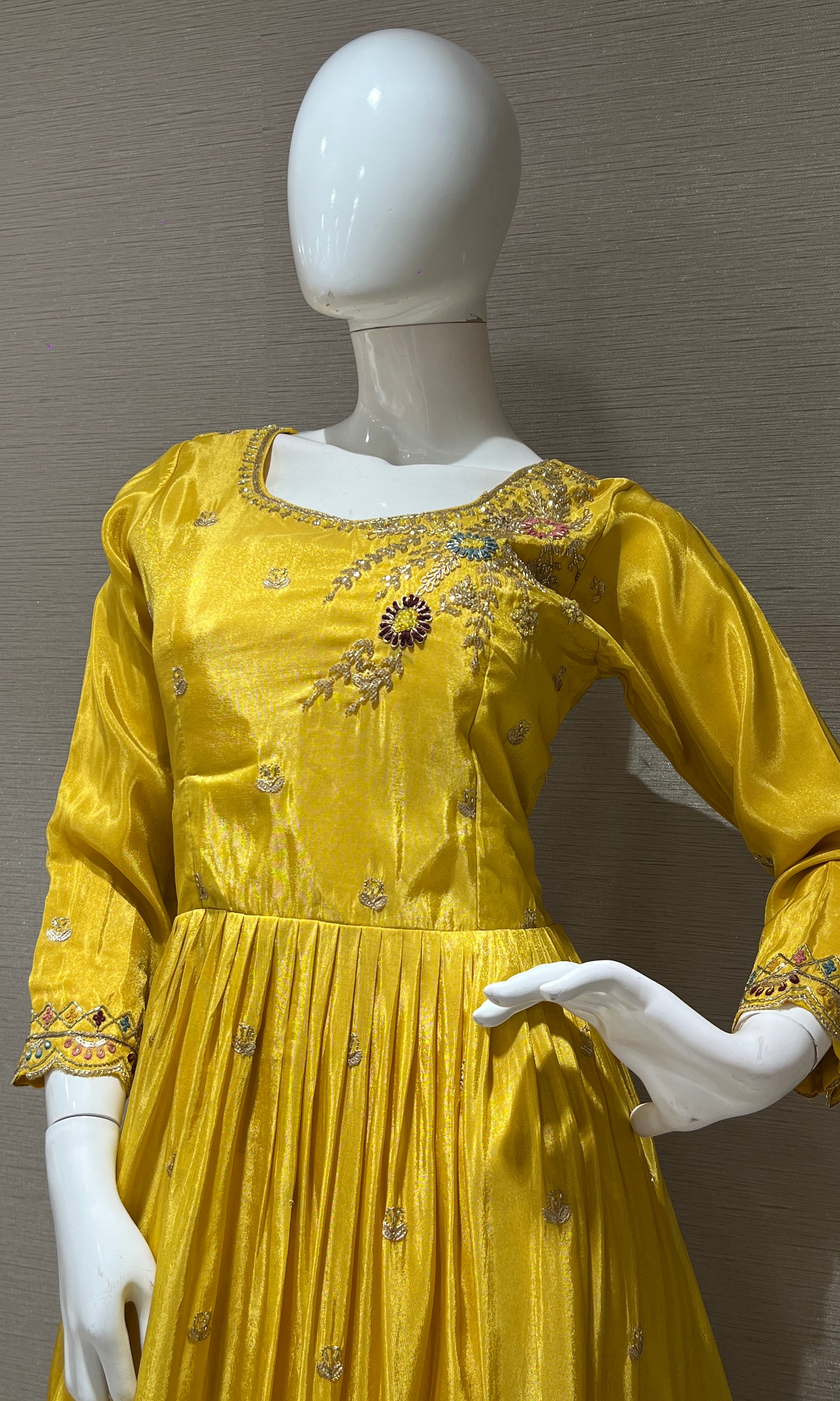 yellow long anarkali with stones embroidered