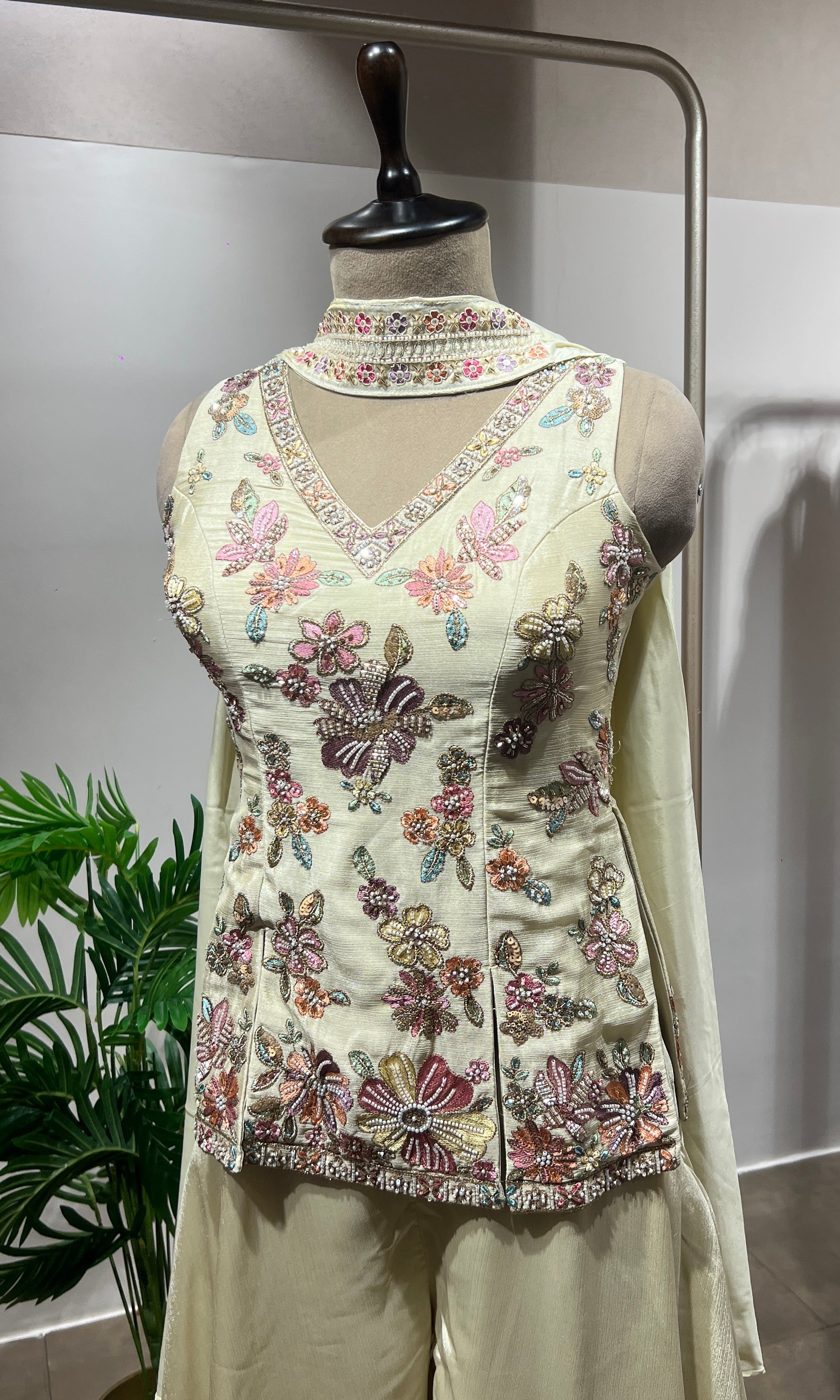Cream Floral Embroidered Palazzo Suit