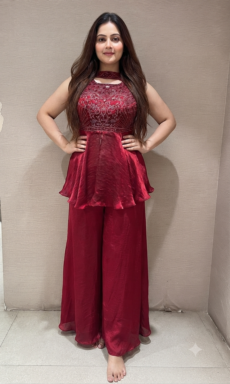 Maroon Embellished Peplum Palazzo Set