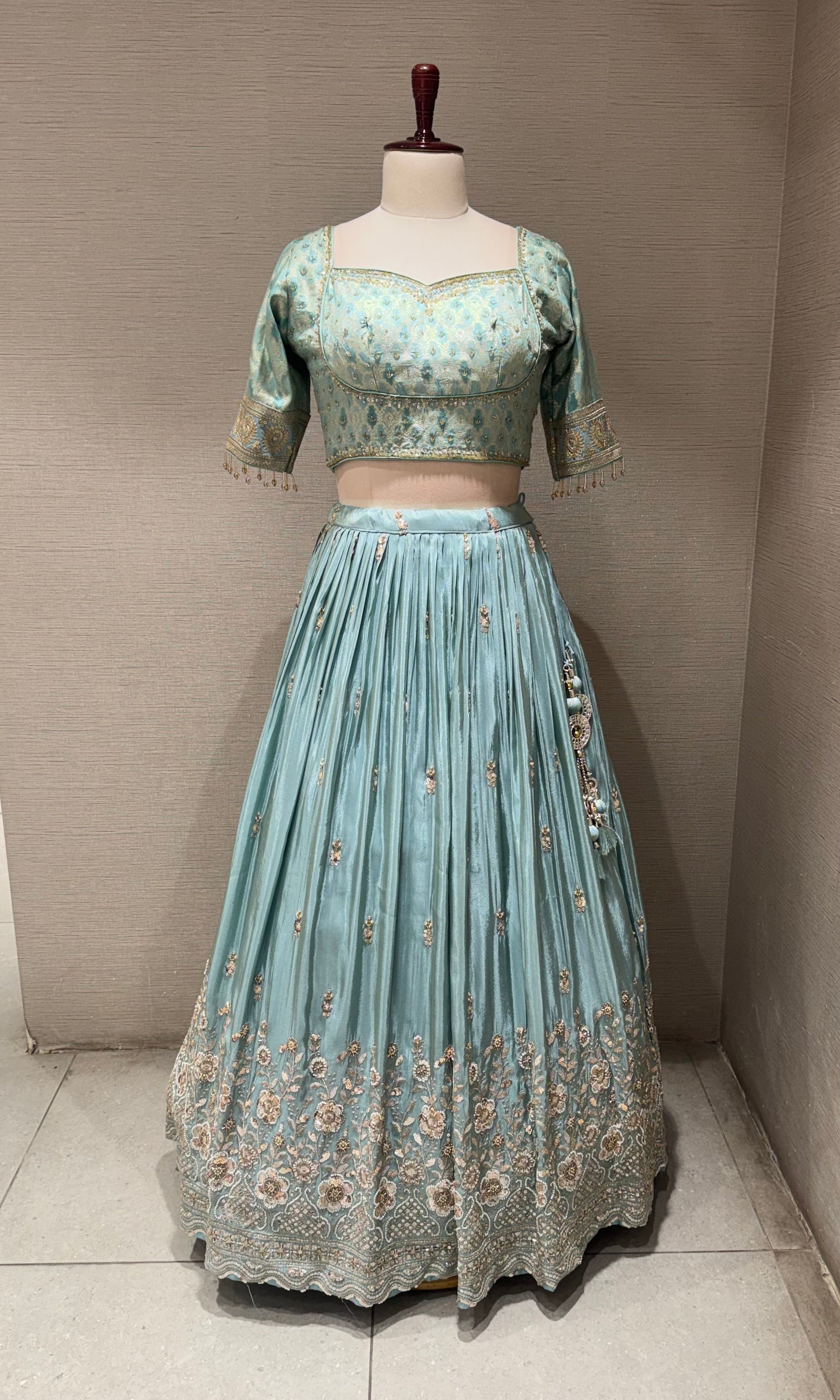 Light blue Sequins Embroidered Tissue Lehenga Choli
