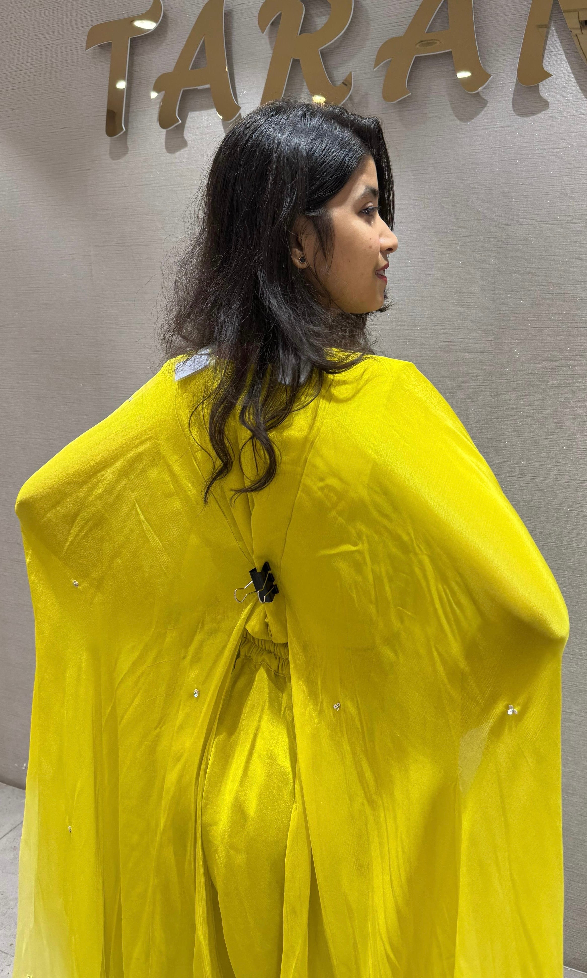 Yellow embroidered palazzo with a cape