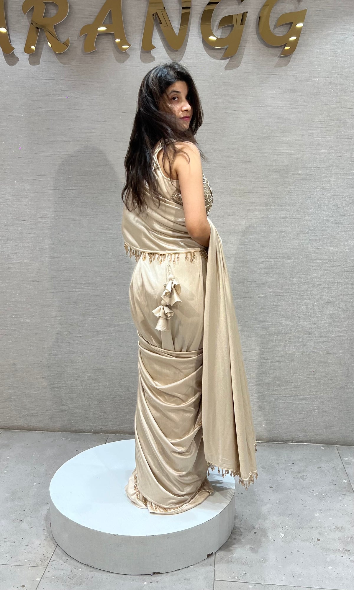 BEIGE SILK SATIN DRAPE SAREE WITH EMBROIDERED BLOUSE