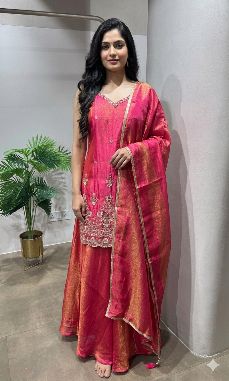 PINK SHIMMER GOLDEN EMBROIDERY SHARARA SET