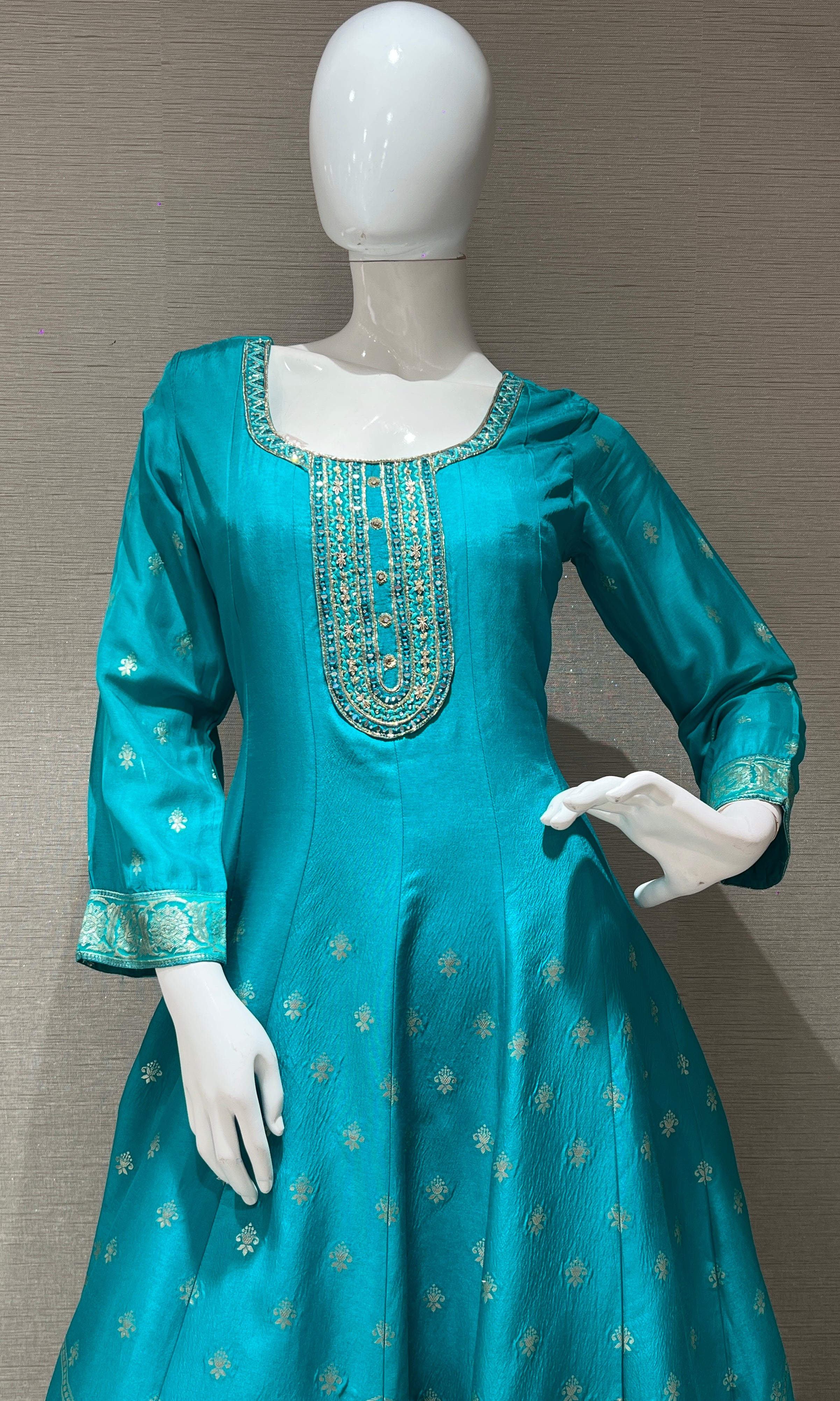 Blue long anarkali with gold embroidered