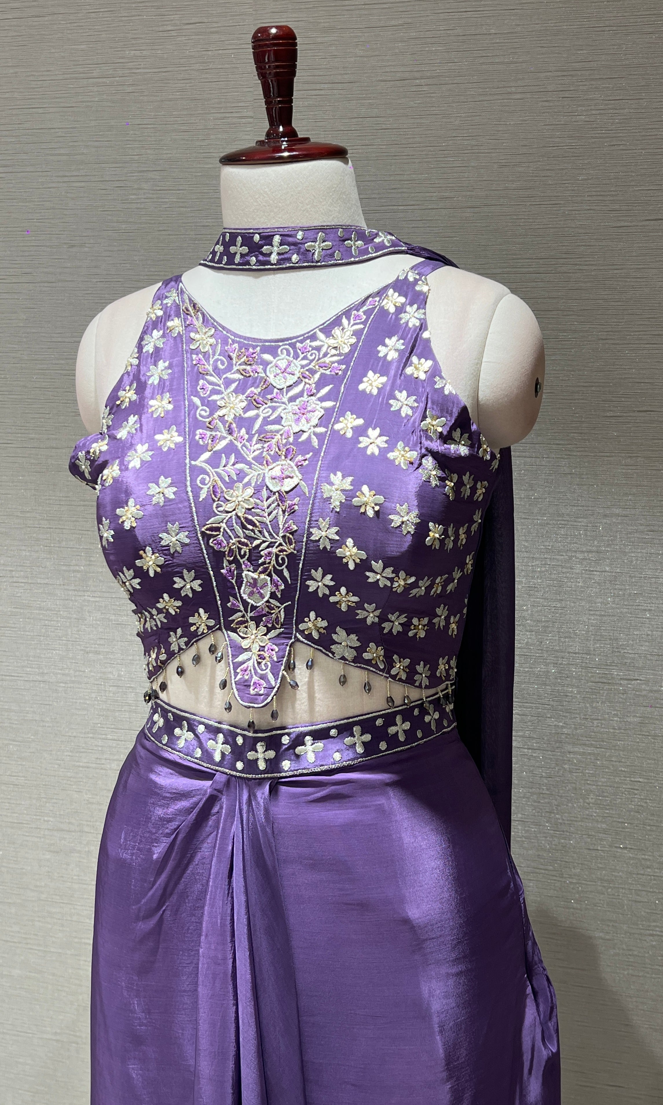 Purple draped halter neck indo western wear