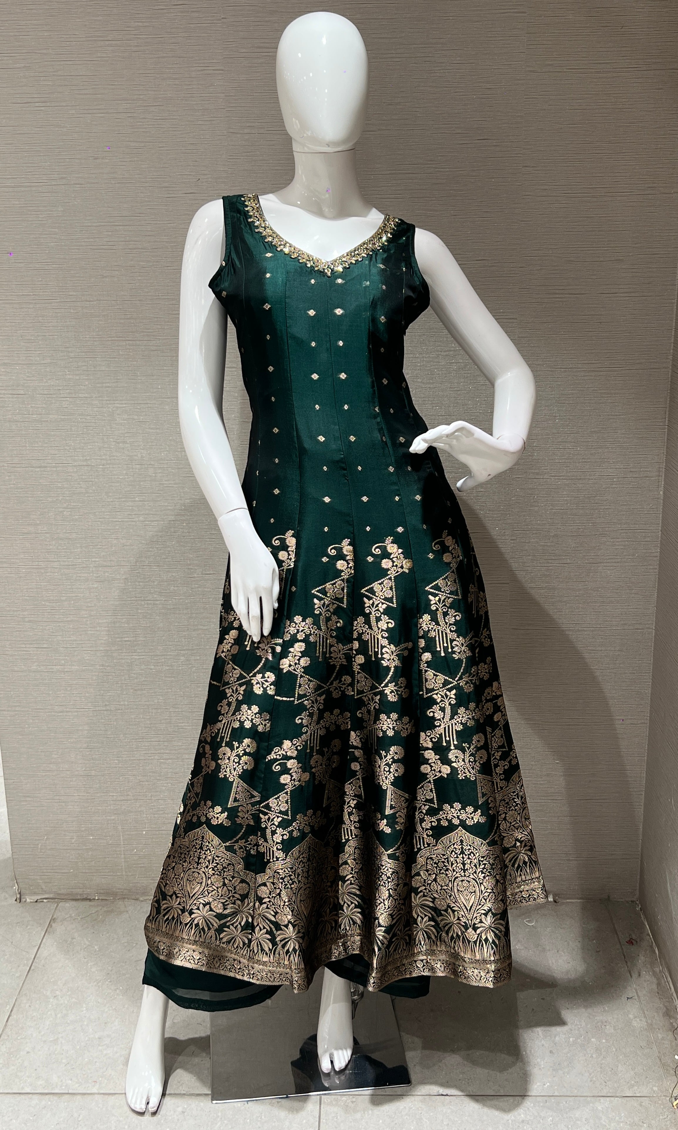 Bottle Green Anarkali with Gold Print embroidery