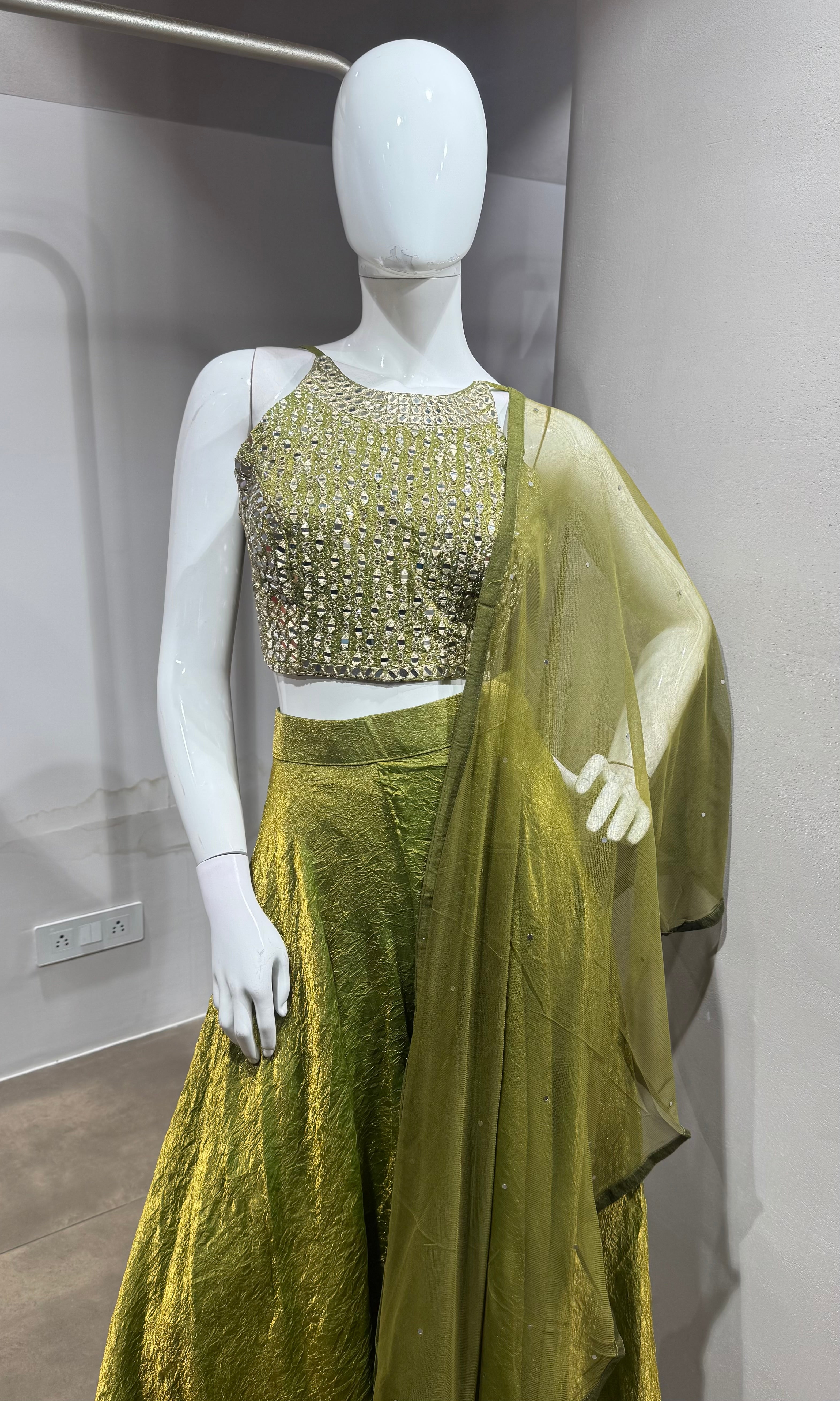 green embellished halter-neck palazzo set