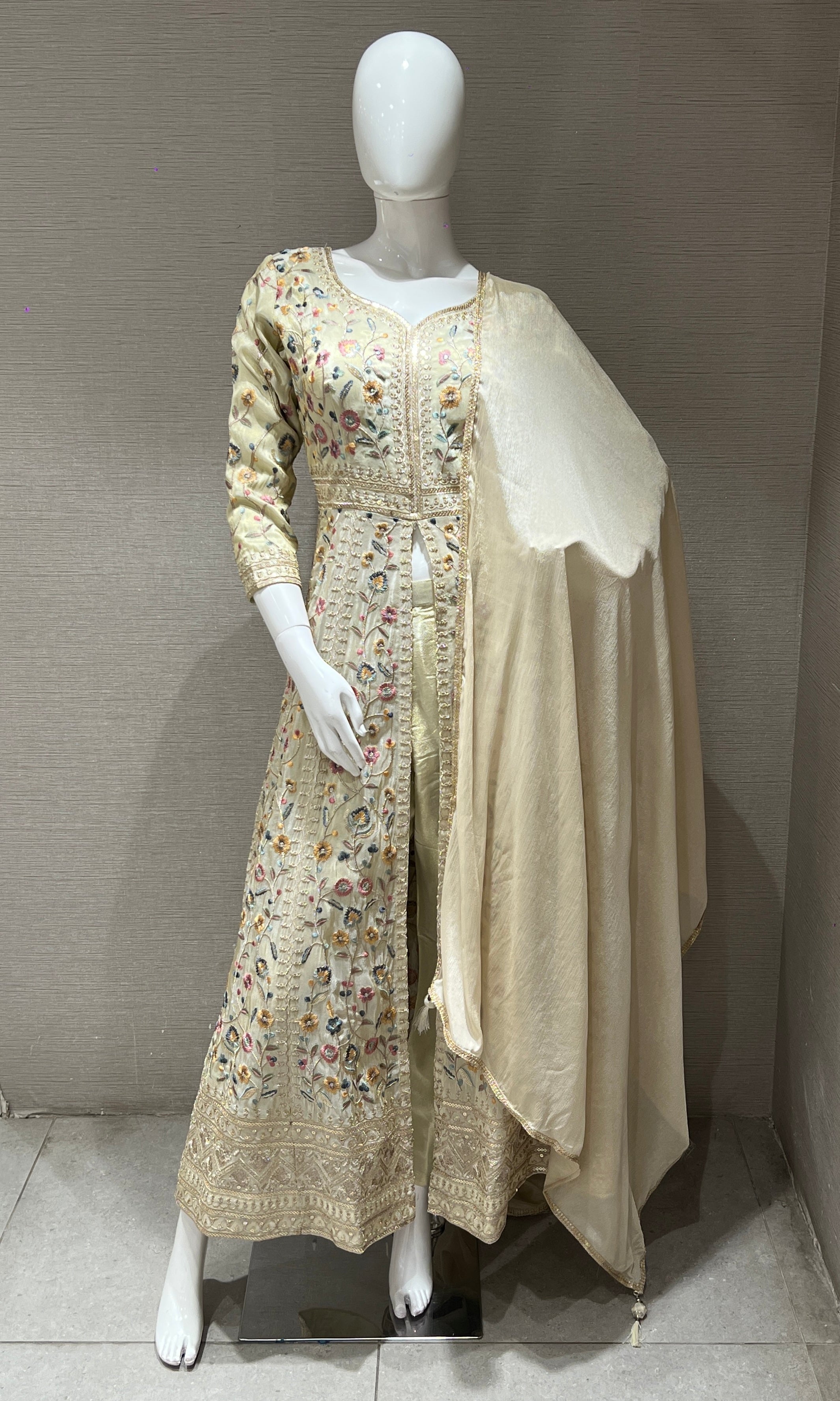 Cream Floral front slit Anarkali set