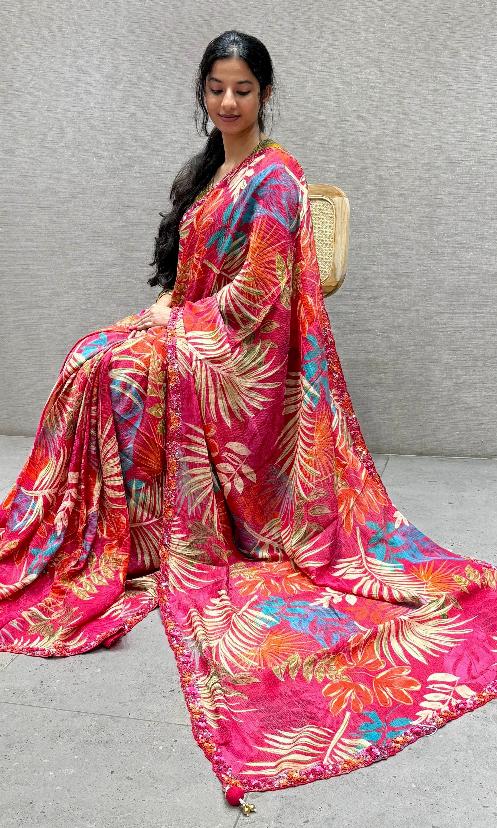 Red Pink digital printed crushed Georgette saree with ready blouse