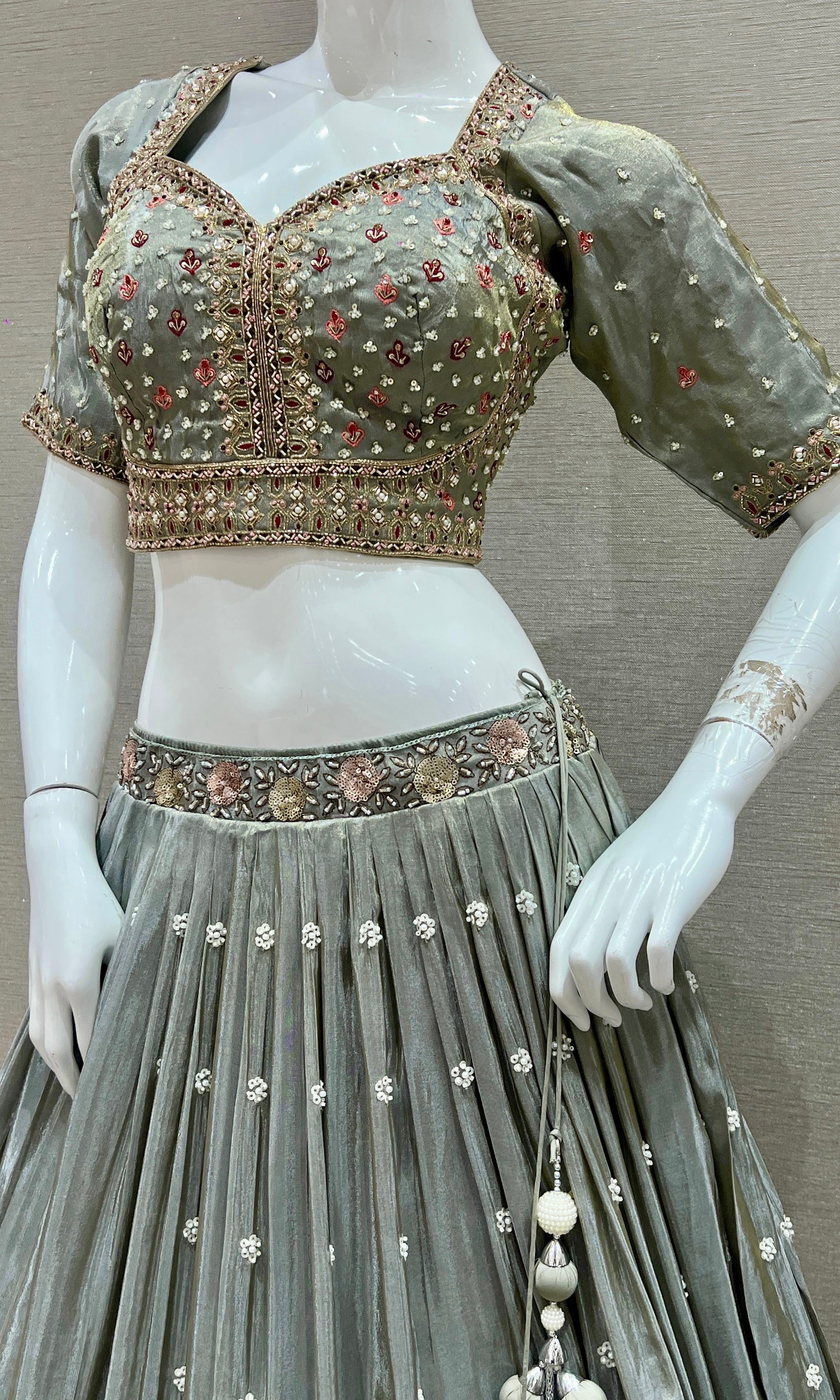 Smokey Grey Lehenga with Floral Crystal Embroidery and Sequin Highlights