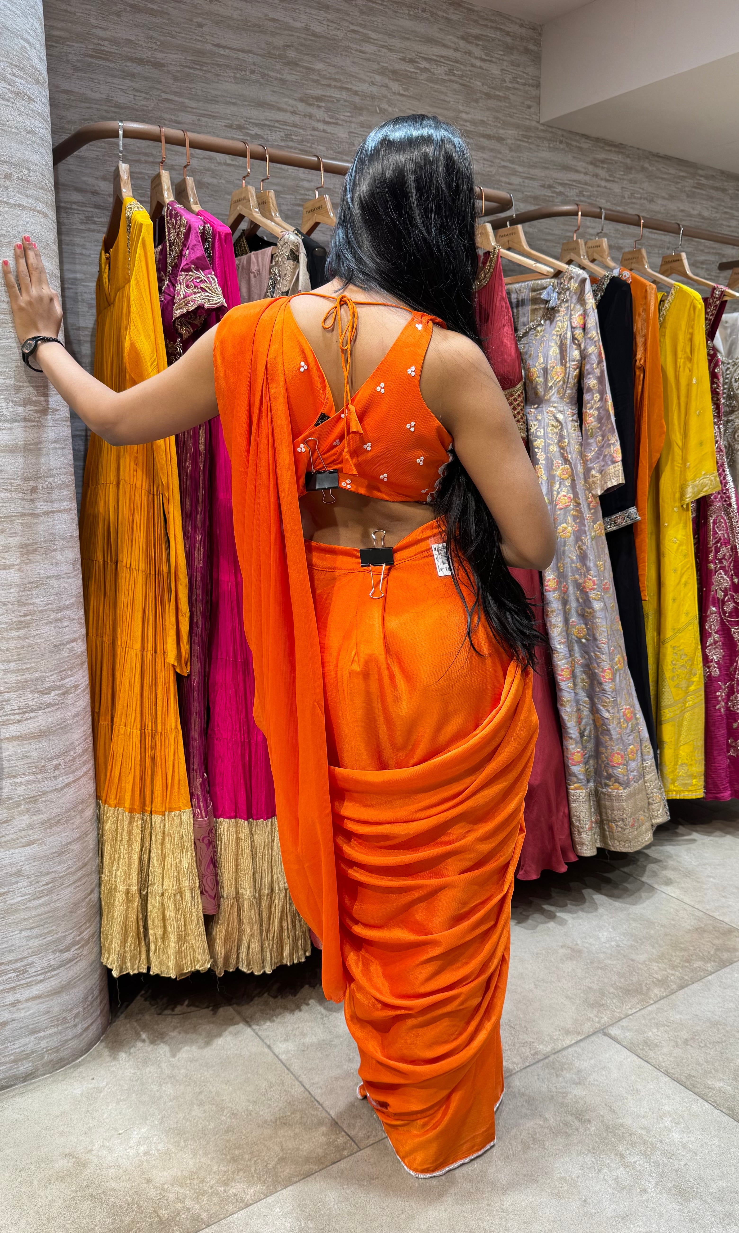 ORANGE DRAPE SAREE WITH CORSET BLOUSE
