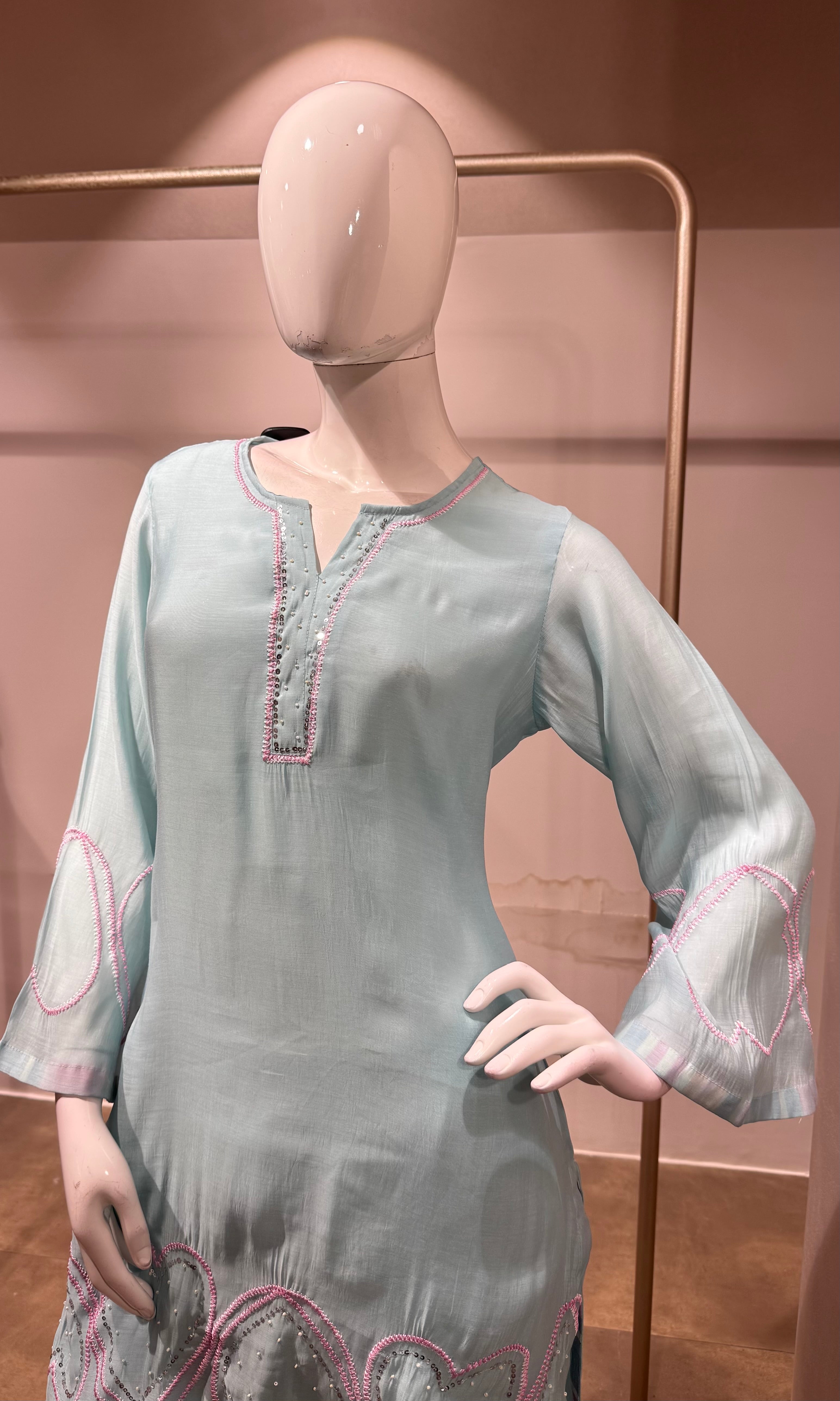 Sky Blue Kurta Suit with Multicolor Dupatta