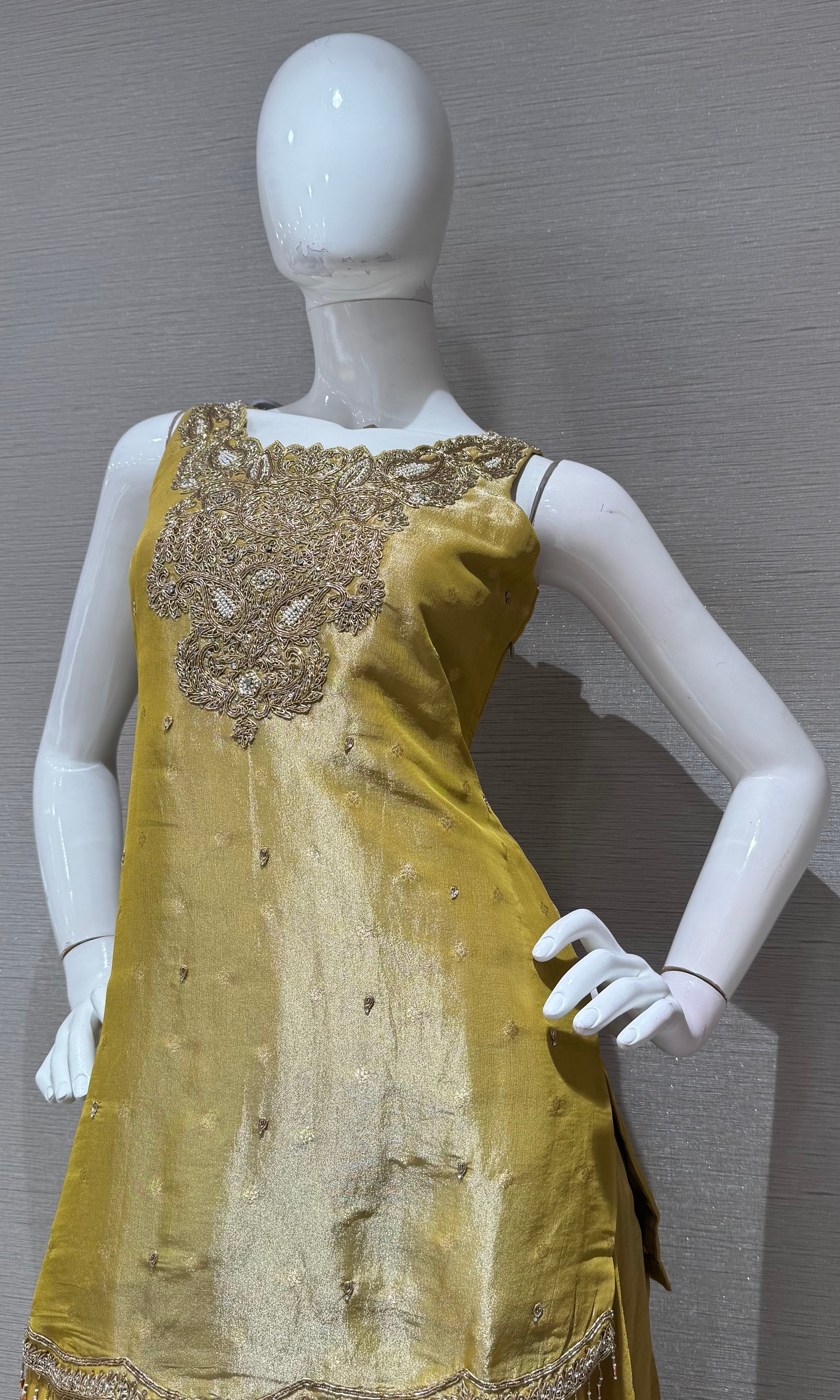 Mustard Gold Tissue silk Embroidered Sharara Set