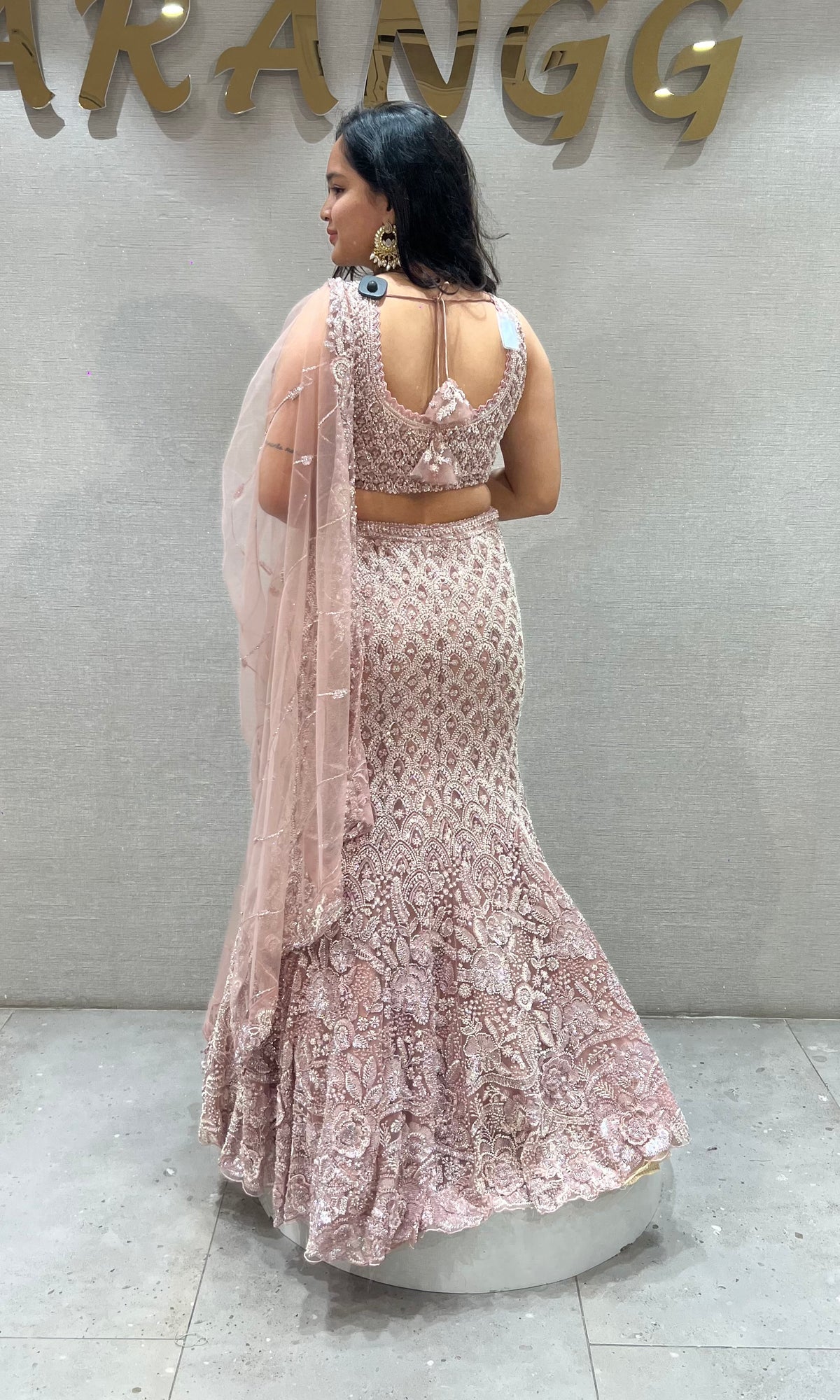 Onion Pink Embroidered fish cut Lehenga with Sheer Dupatta