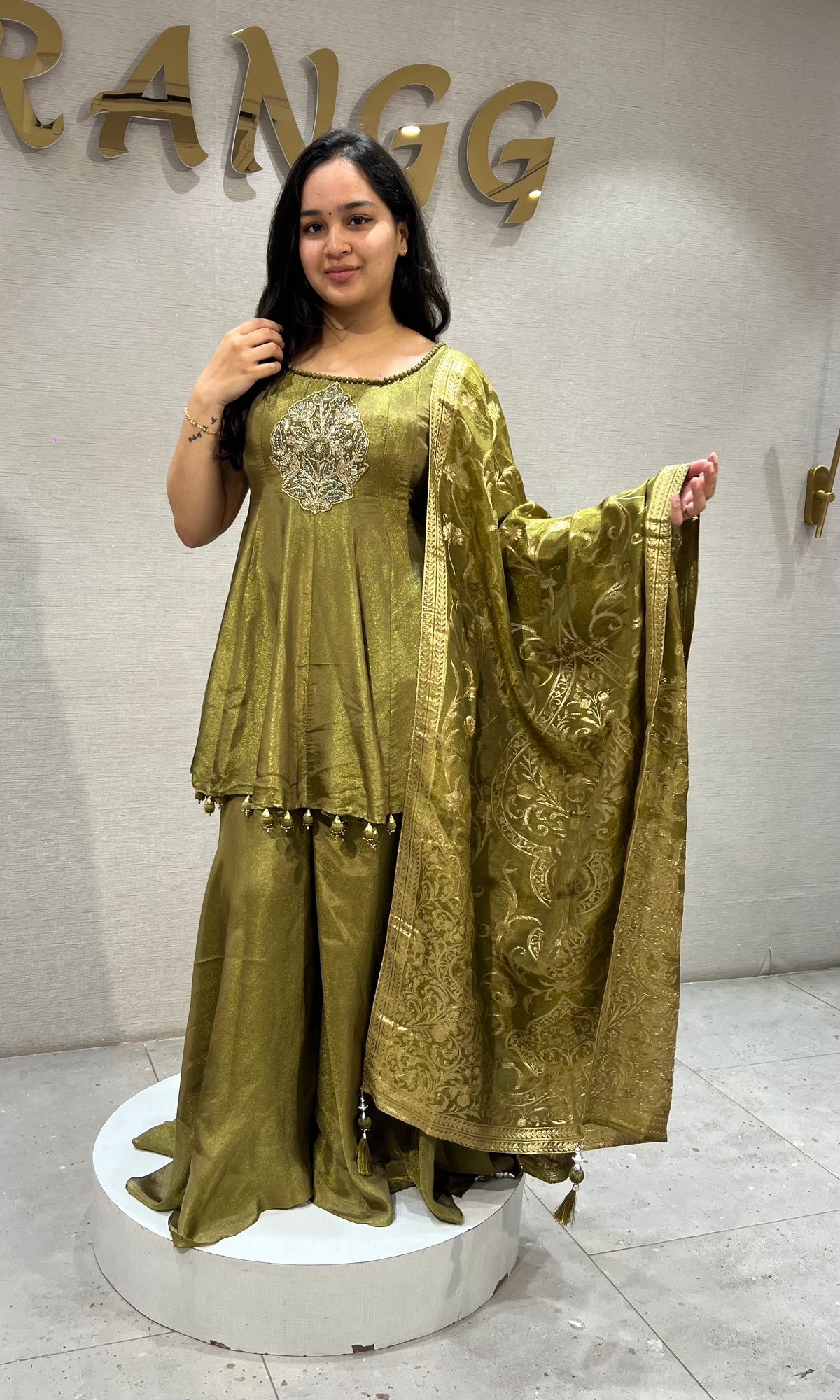 Mehandi Green Shimmer Metallic Ethnic Palazzo Set