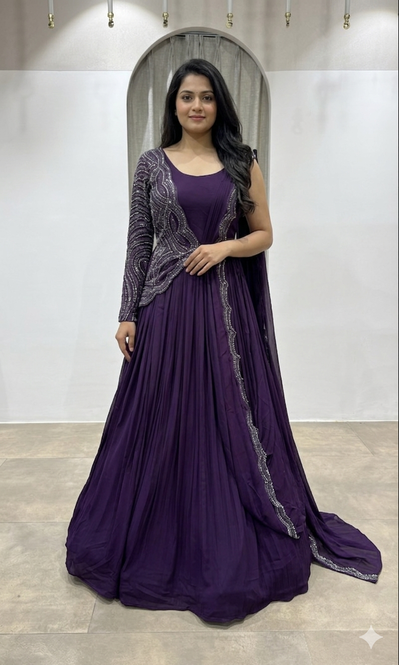 Wine Embellished Floor-Length Anarkali Gown