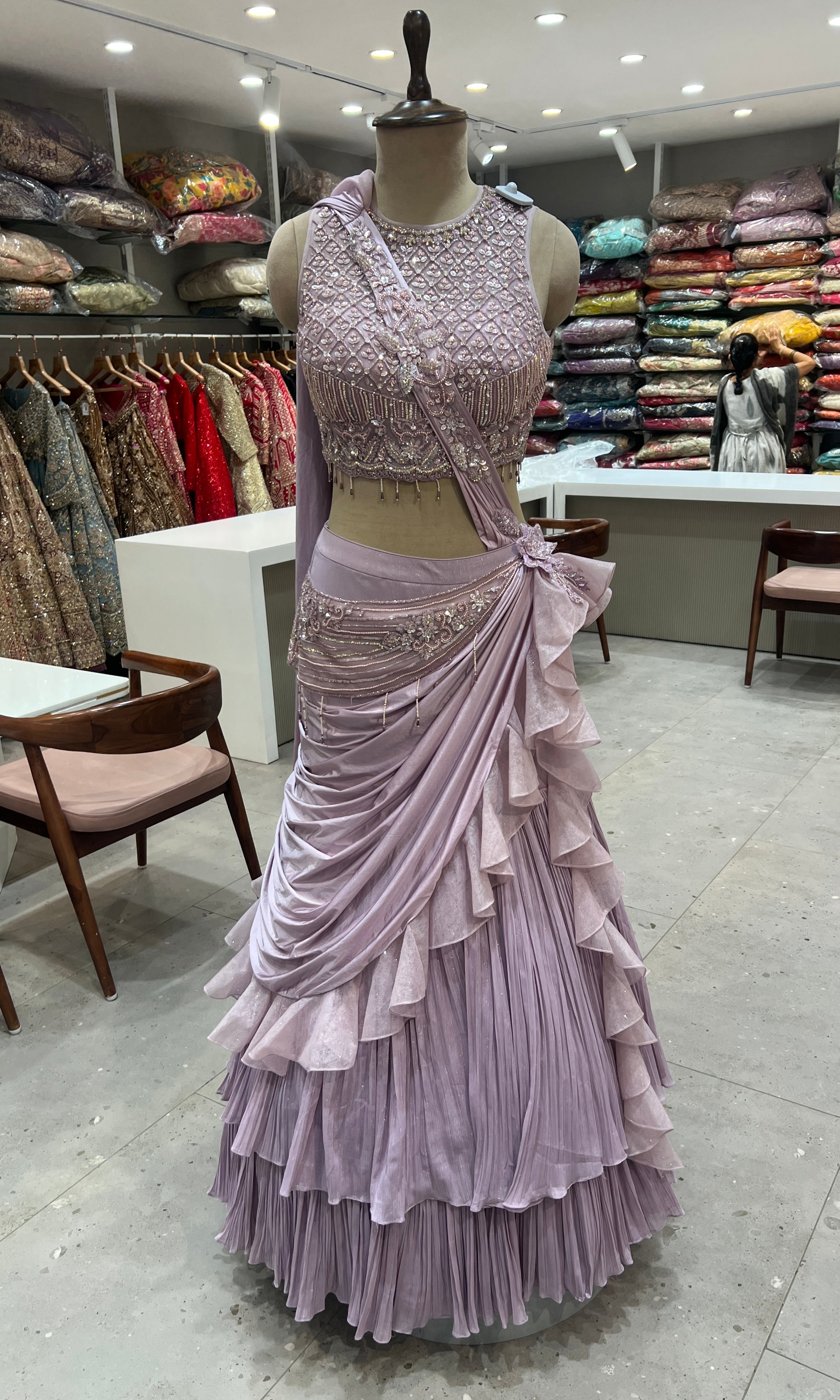 Lilac DRAPE LEHENGA WITH RUFFLES AND PALLU