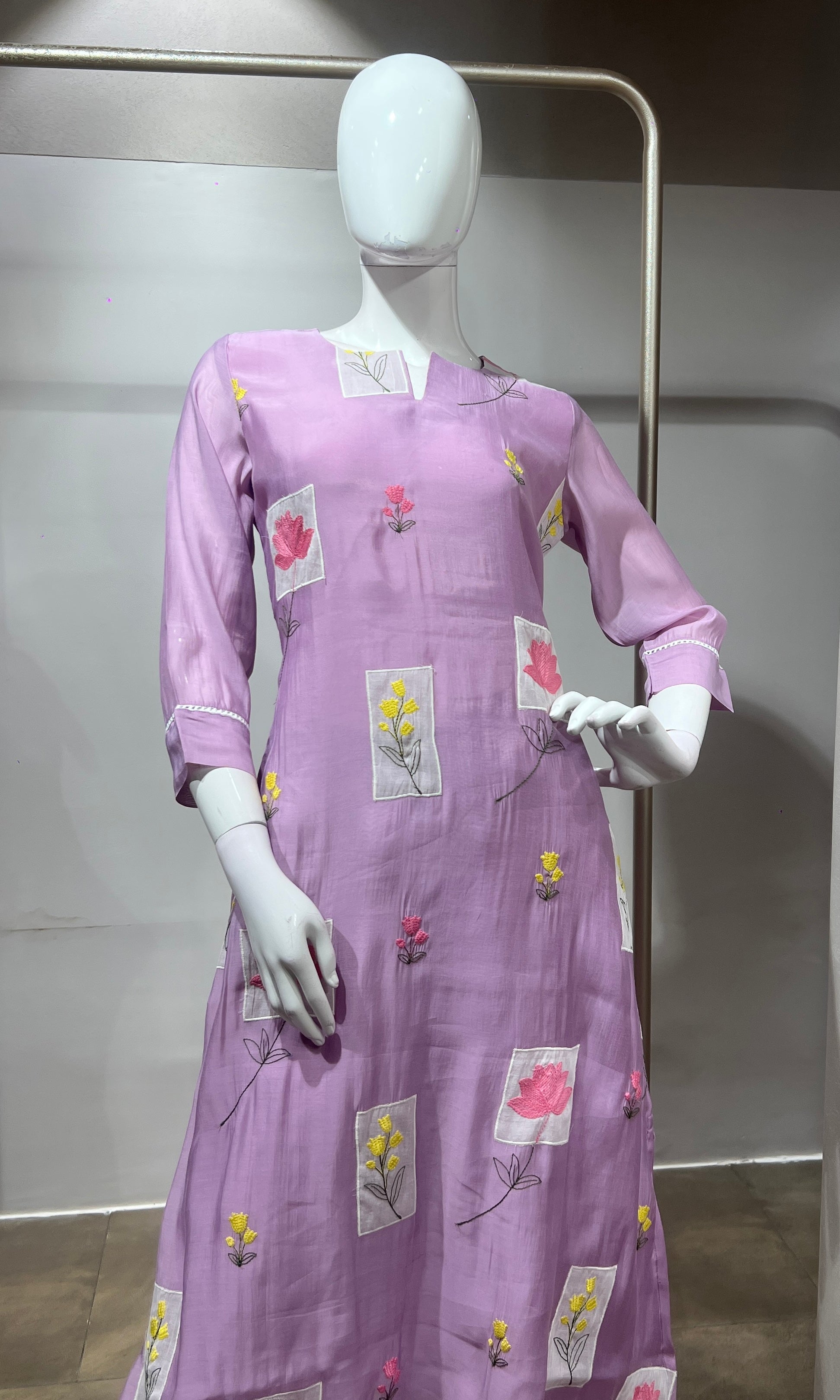 Lavender Patchwork Embroidered Kurta Set with Dupatta