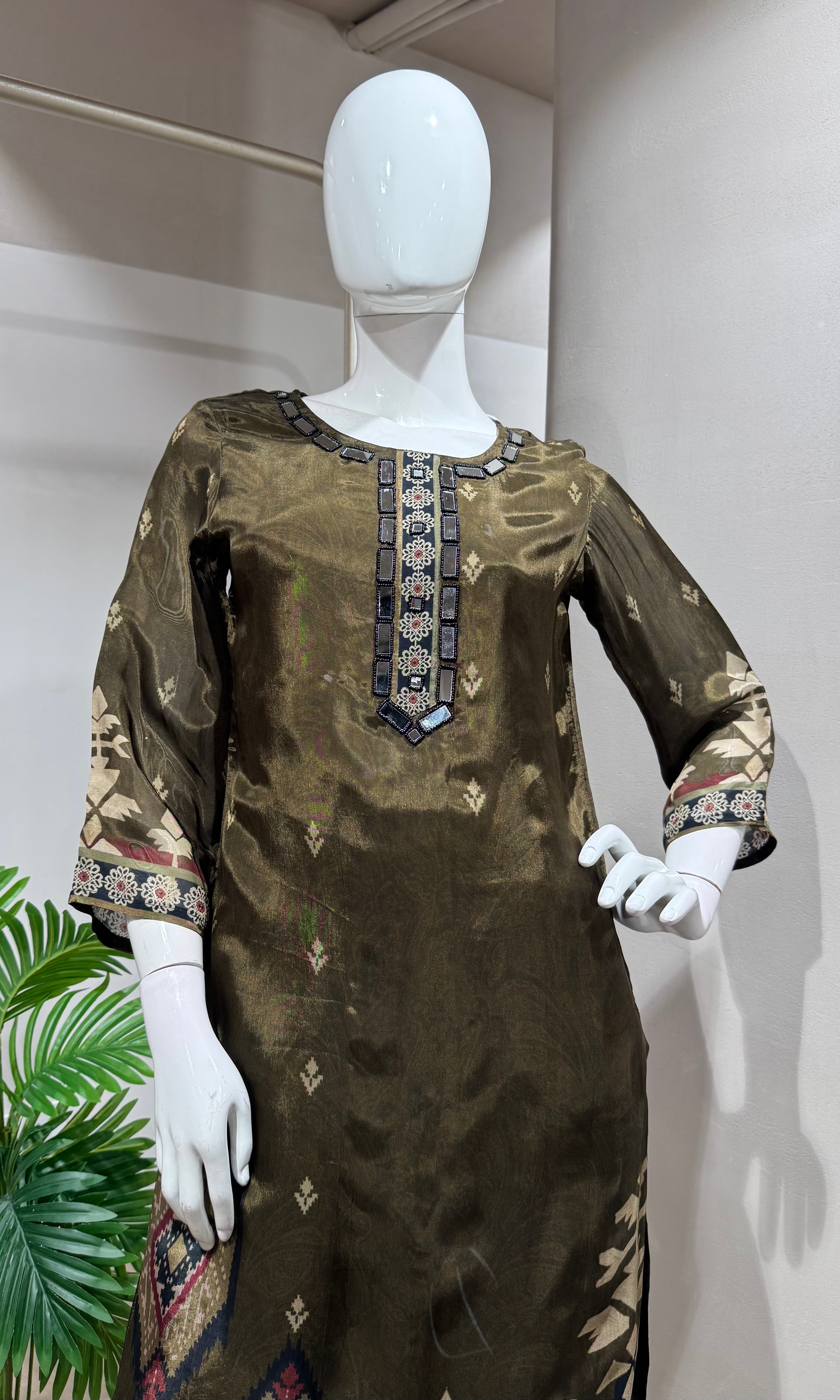 brown Embroidered Kurta Set