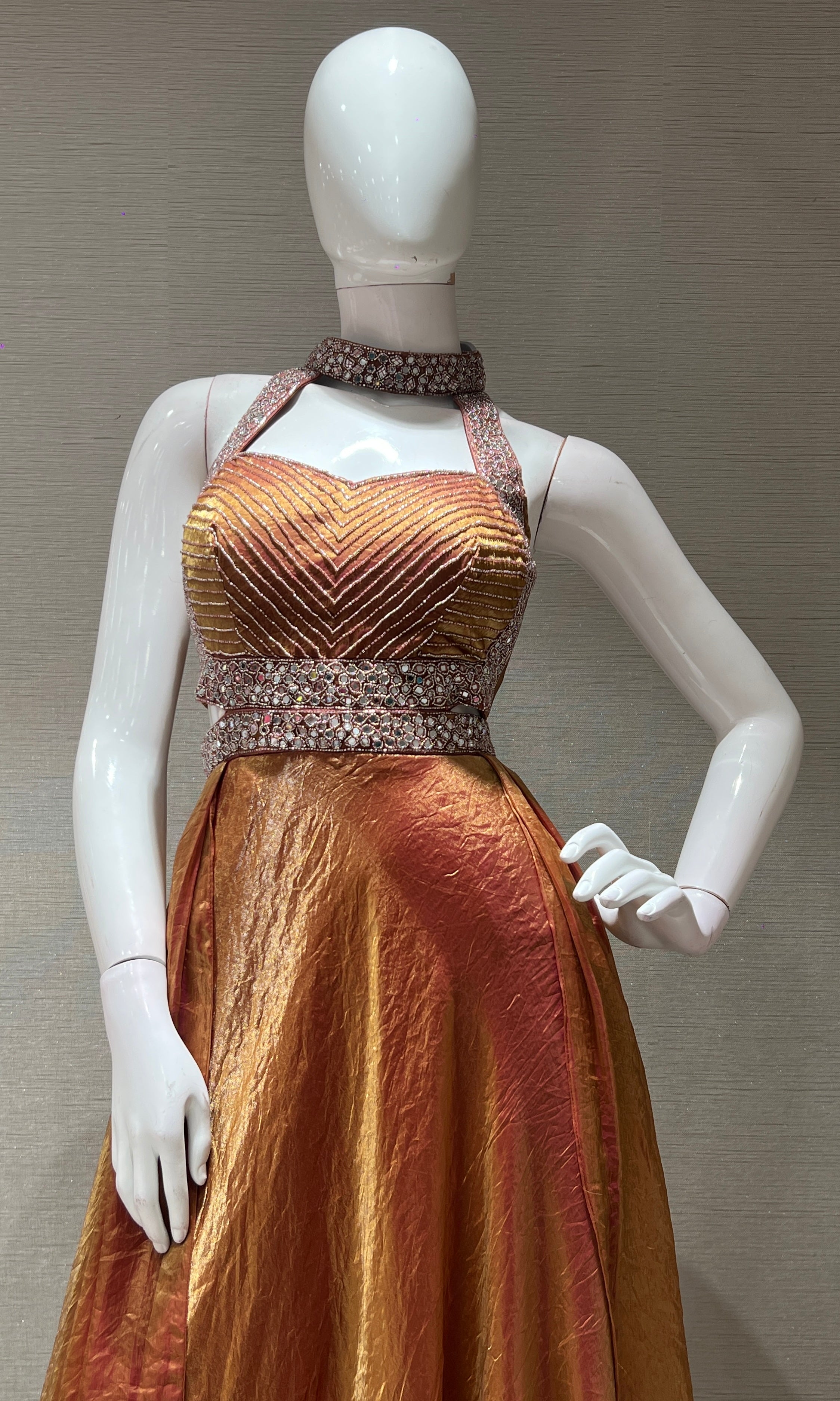 Rust HALTER NECK EMBELLISHED LONG GOWN