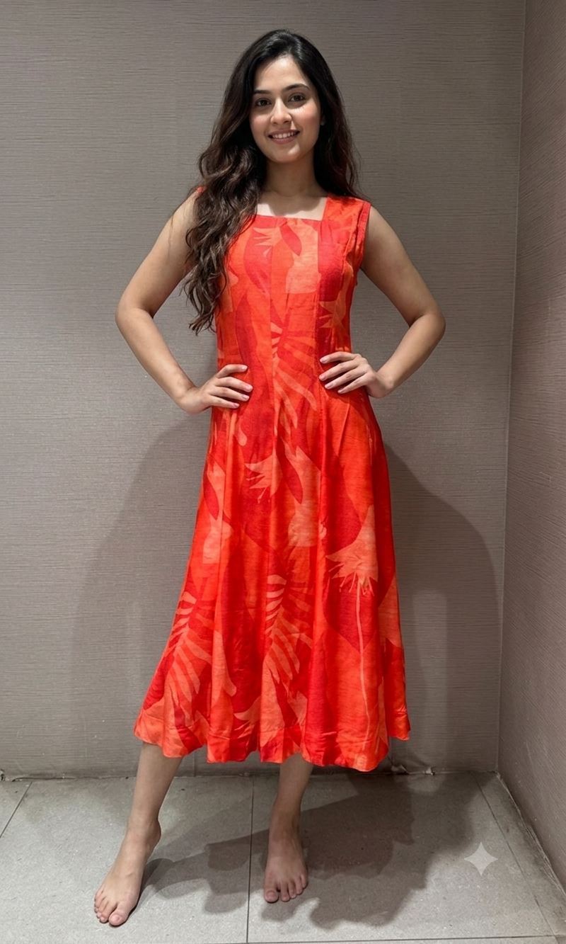 Orange Abstract Leaf Print Flare kurti