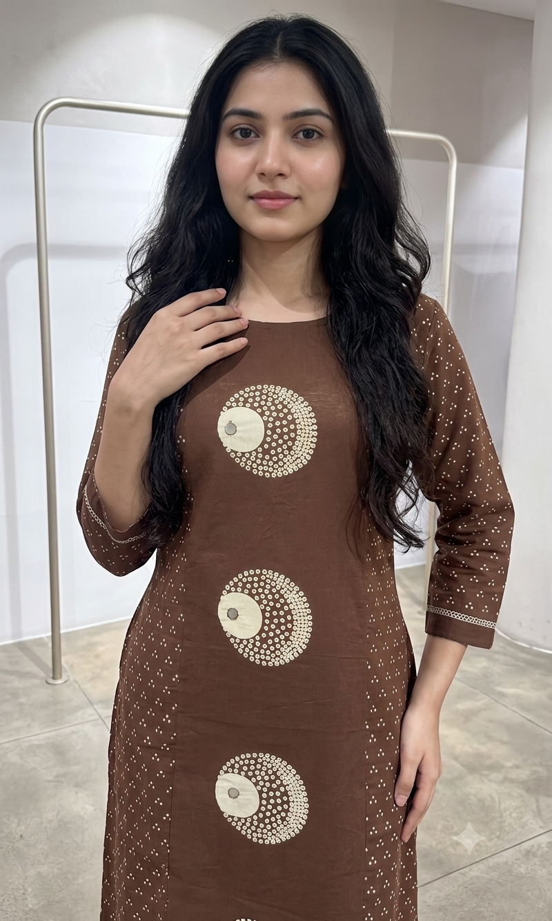 Brown Cotton Bandhani Straight KURTA SET