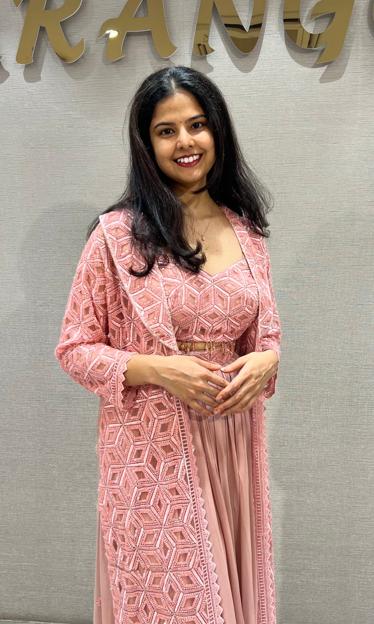 Onion Pink silk Embroidered Maxi Skirt with Cape Set