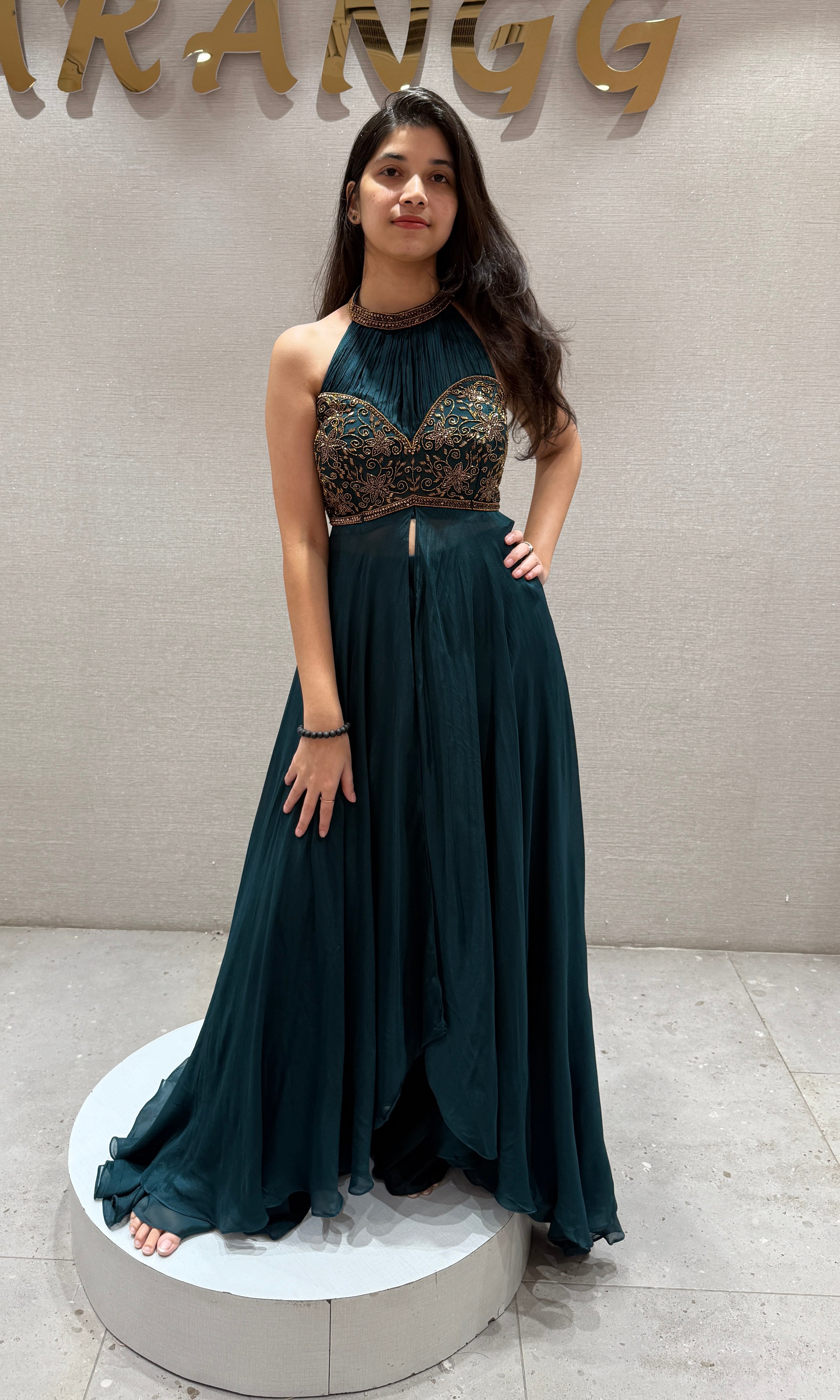 Peacock blue halter neck front silt gown