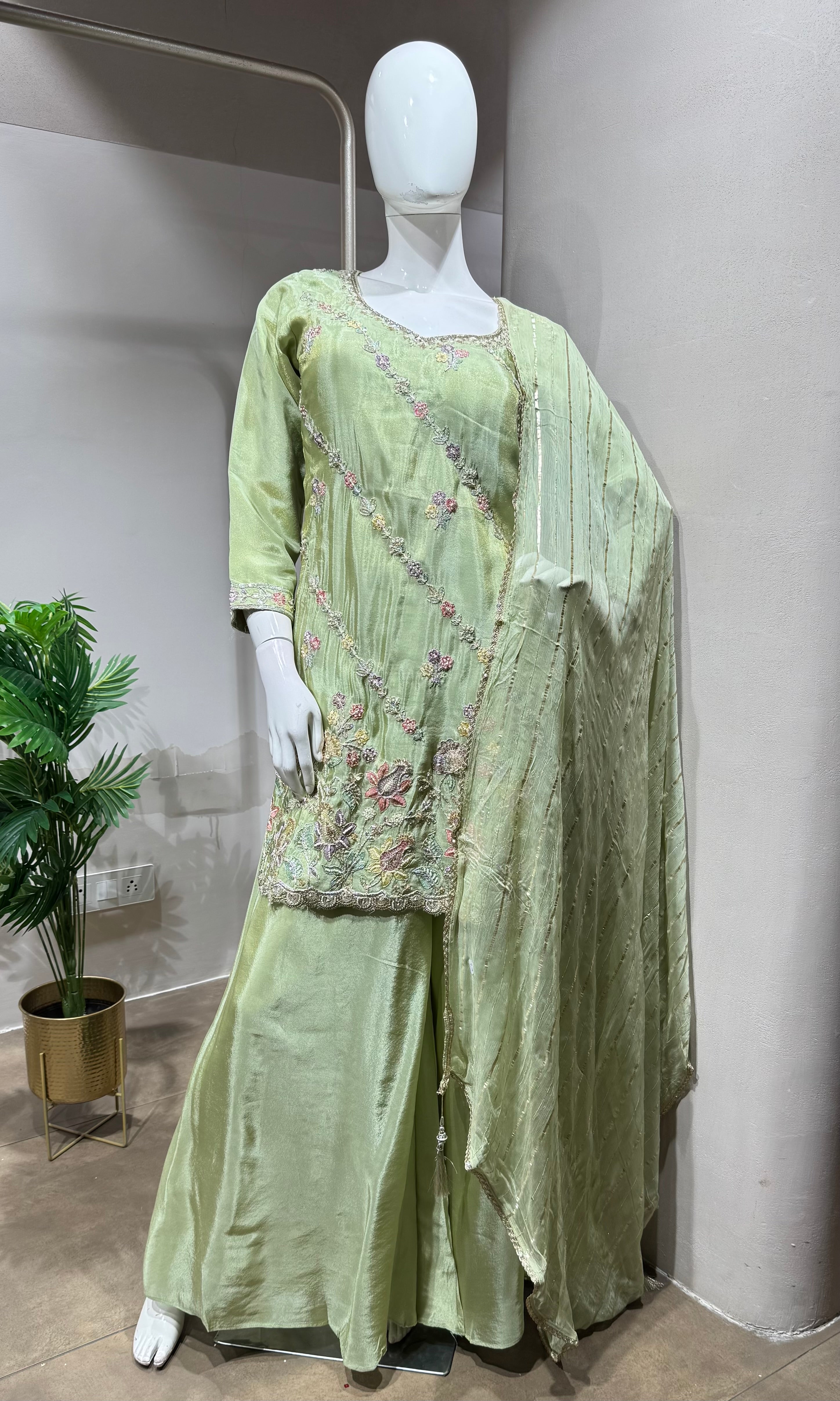 Pista Green Embroidered Shimmer silk Sharara Set
