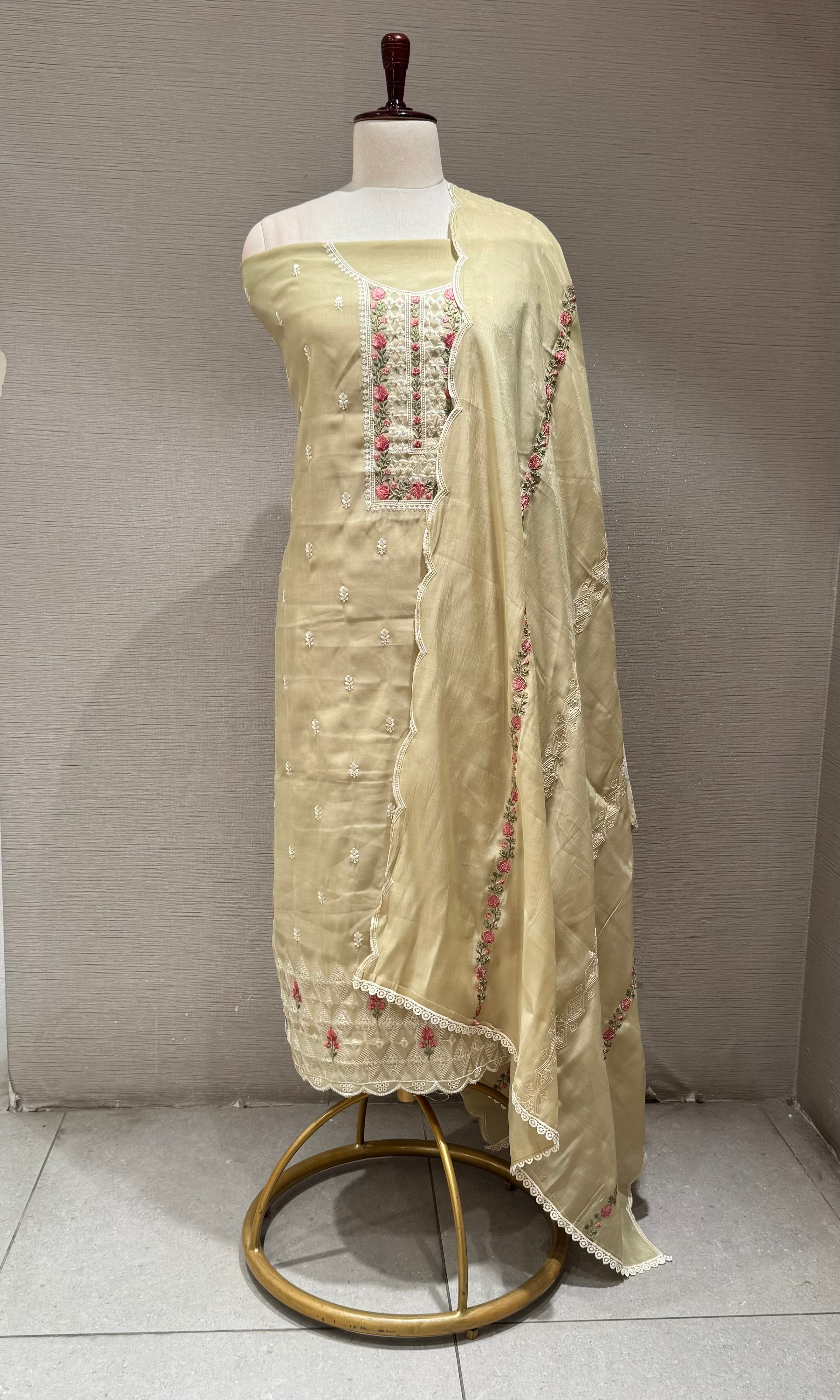 Olive Green floral embroidery dress material