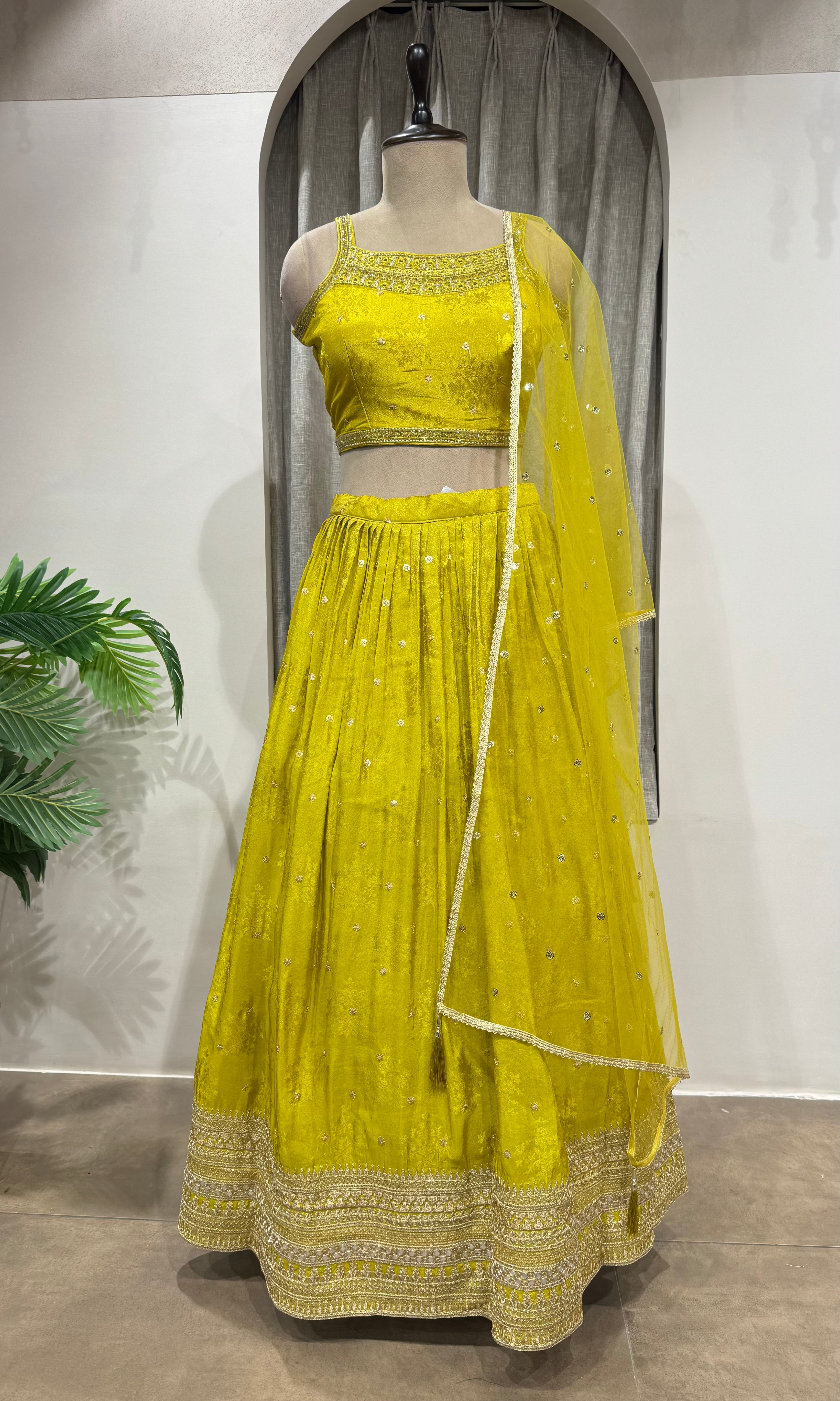 Lime green Georgette Lehenga Set with Net Dupatta