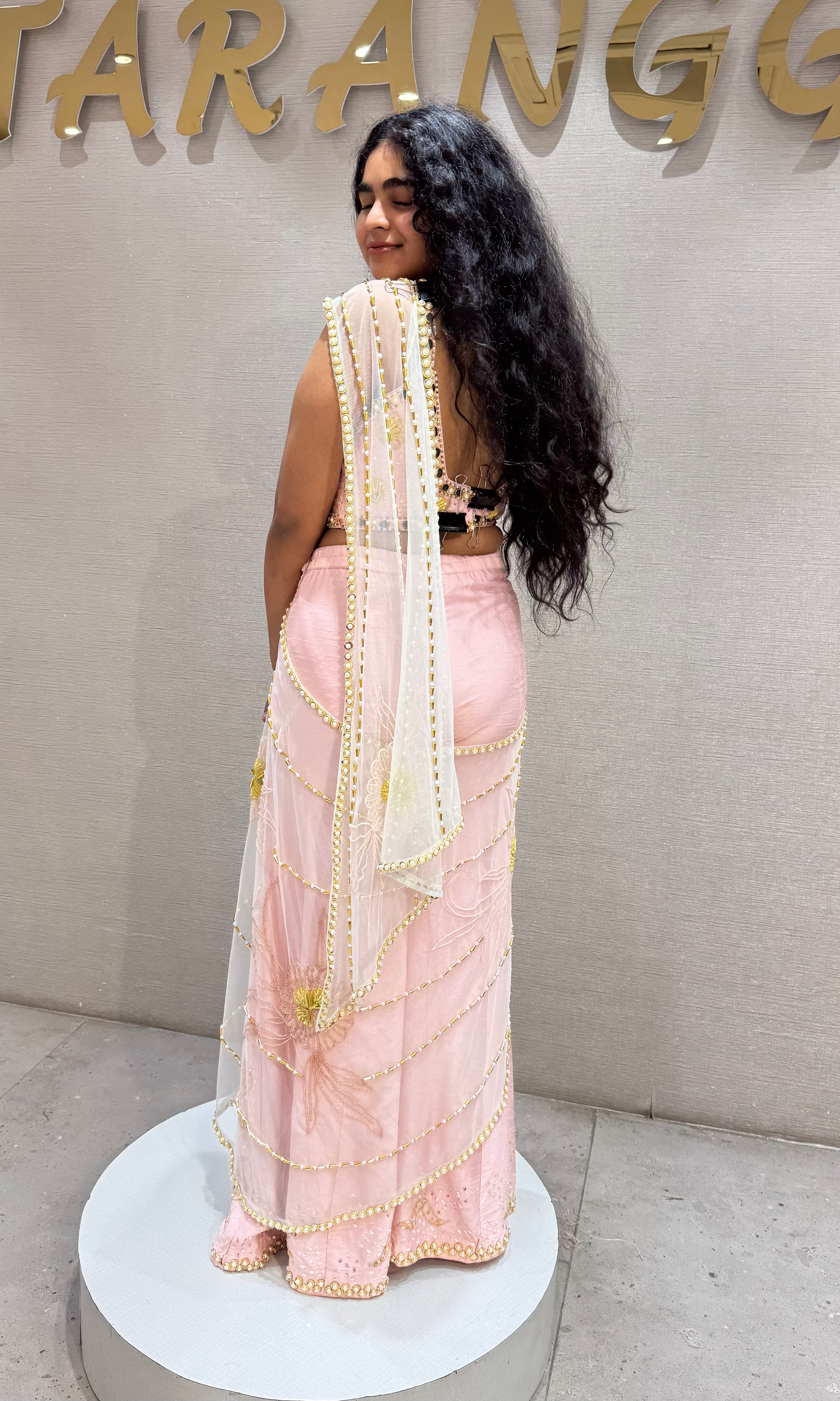 Baby pink palazzo with draped pallu