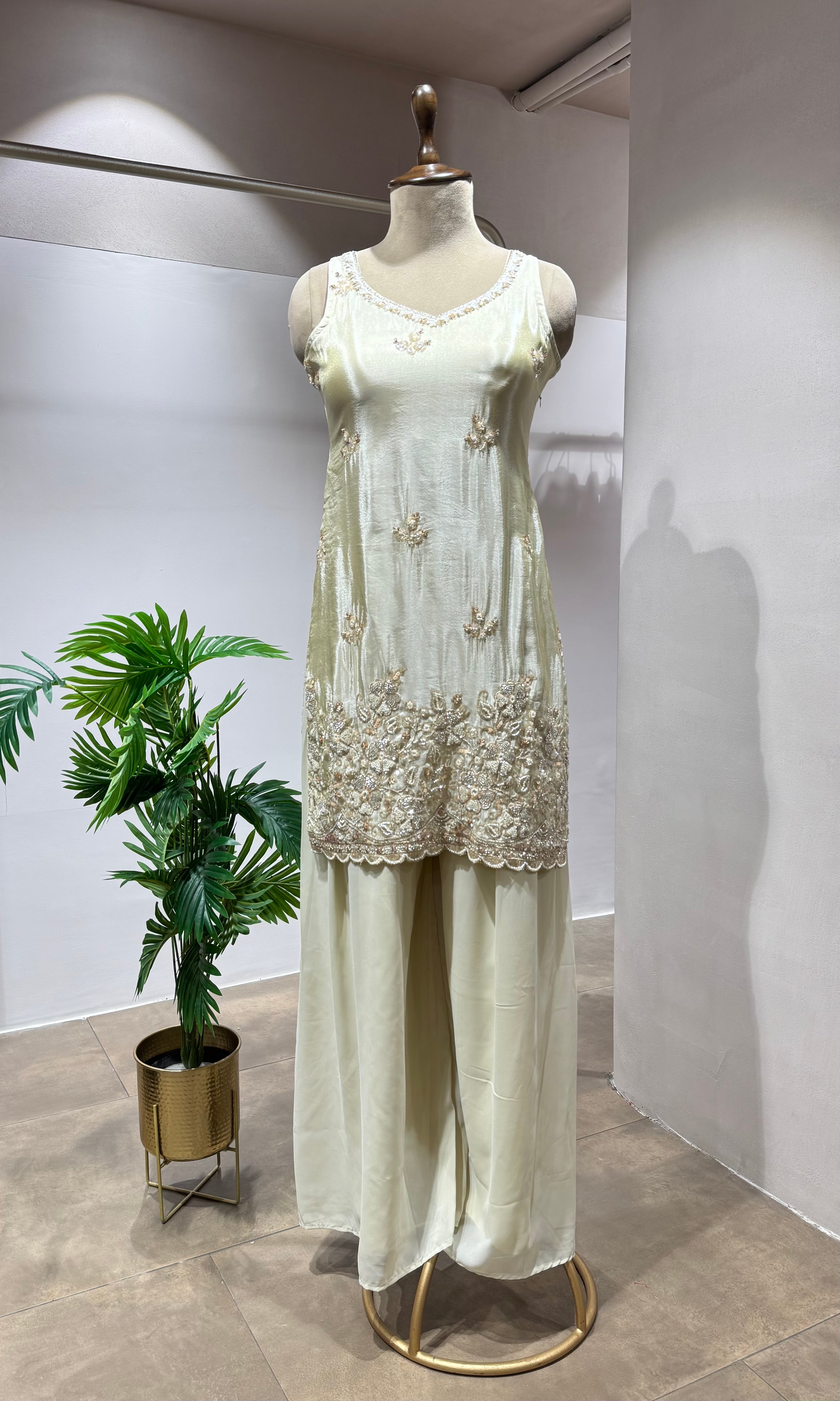 Half white INTRICATE SHARARA WITH GOLD ZARI WORK