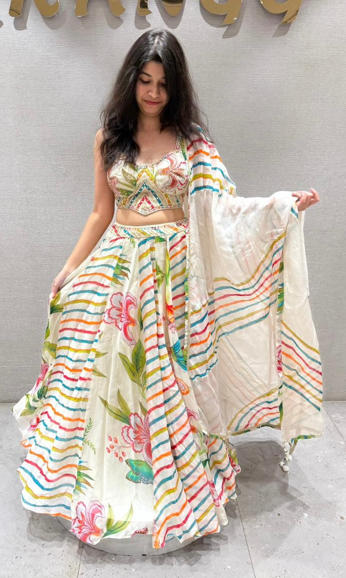 CREAM Rainbow Stripe Floral Lehenga