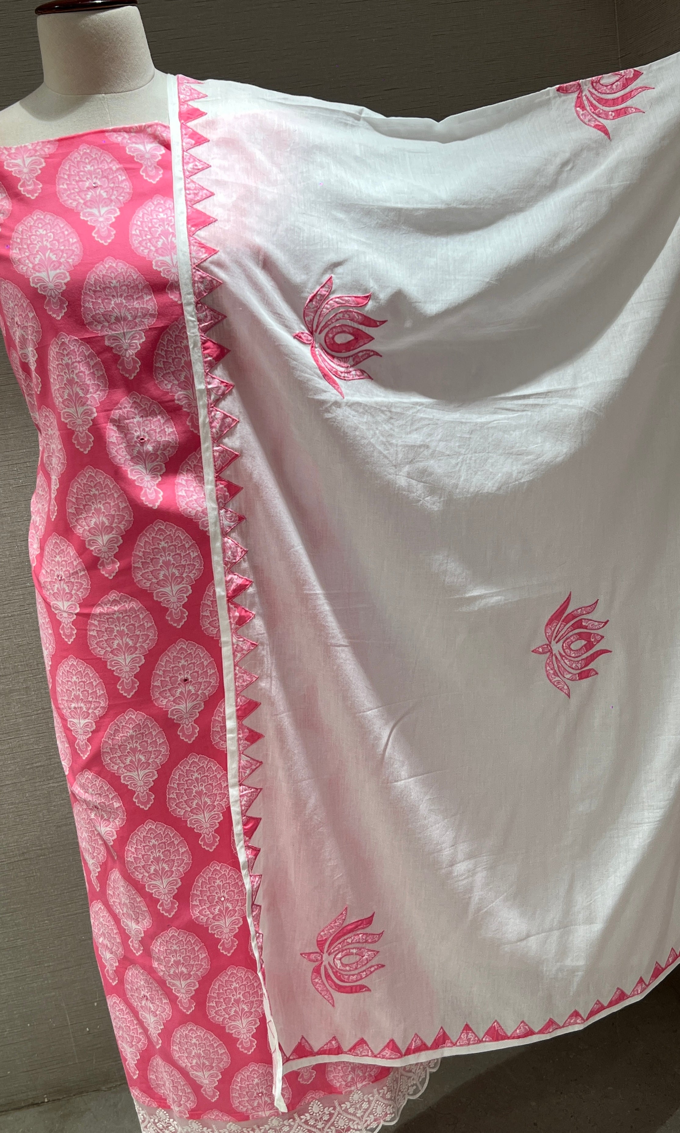 Baby Pink and White Embroidered dress material