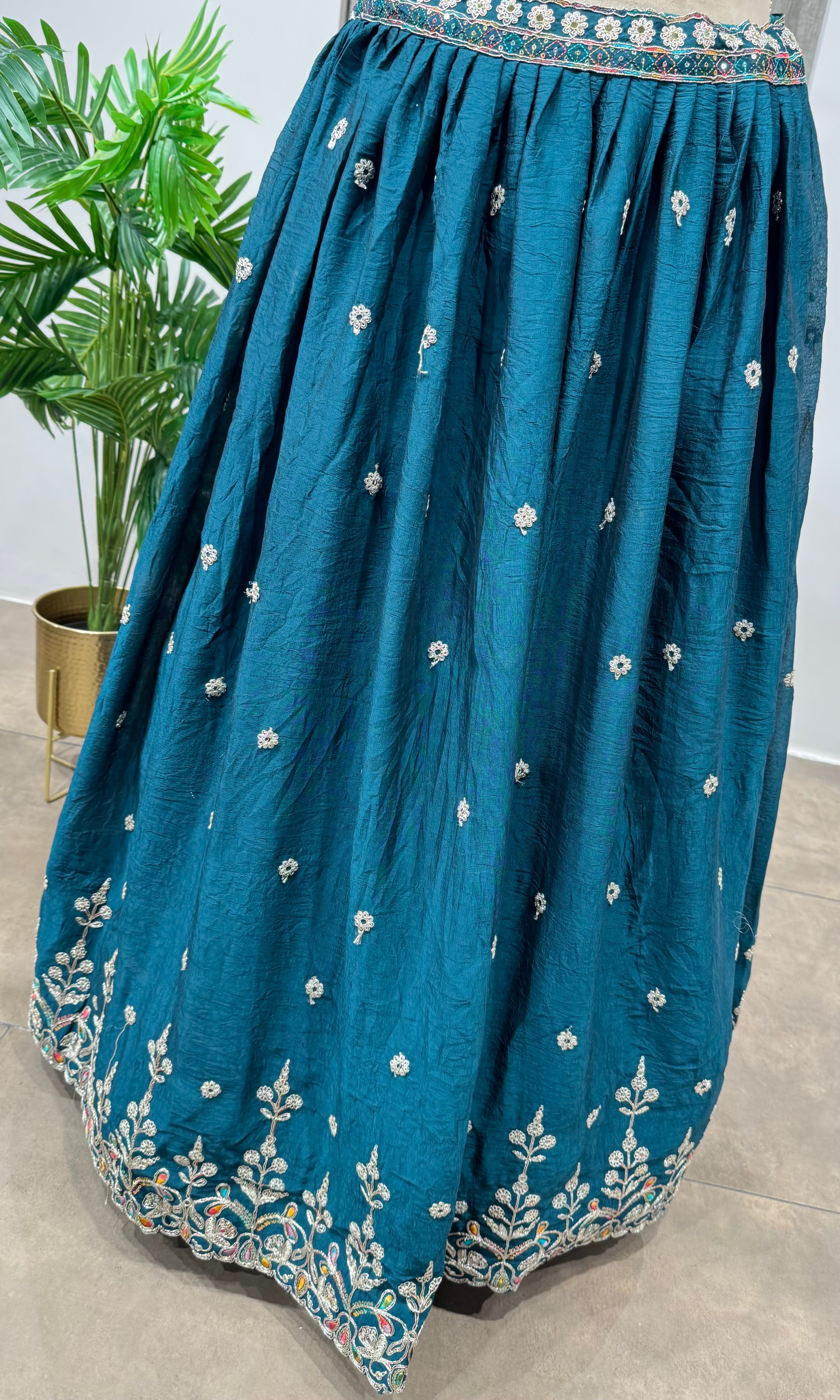 Peacock Blue Silk Embroidered Lehenga Choli Set