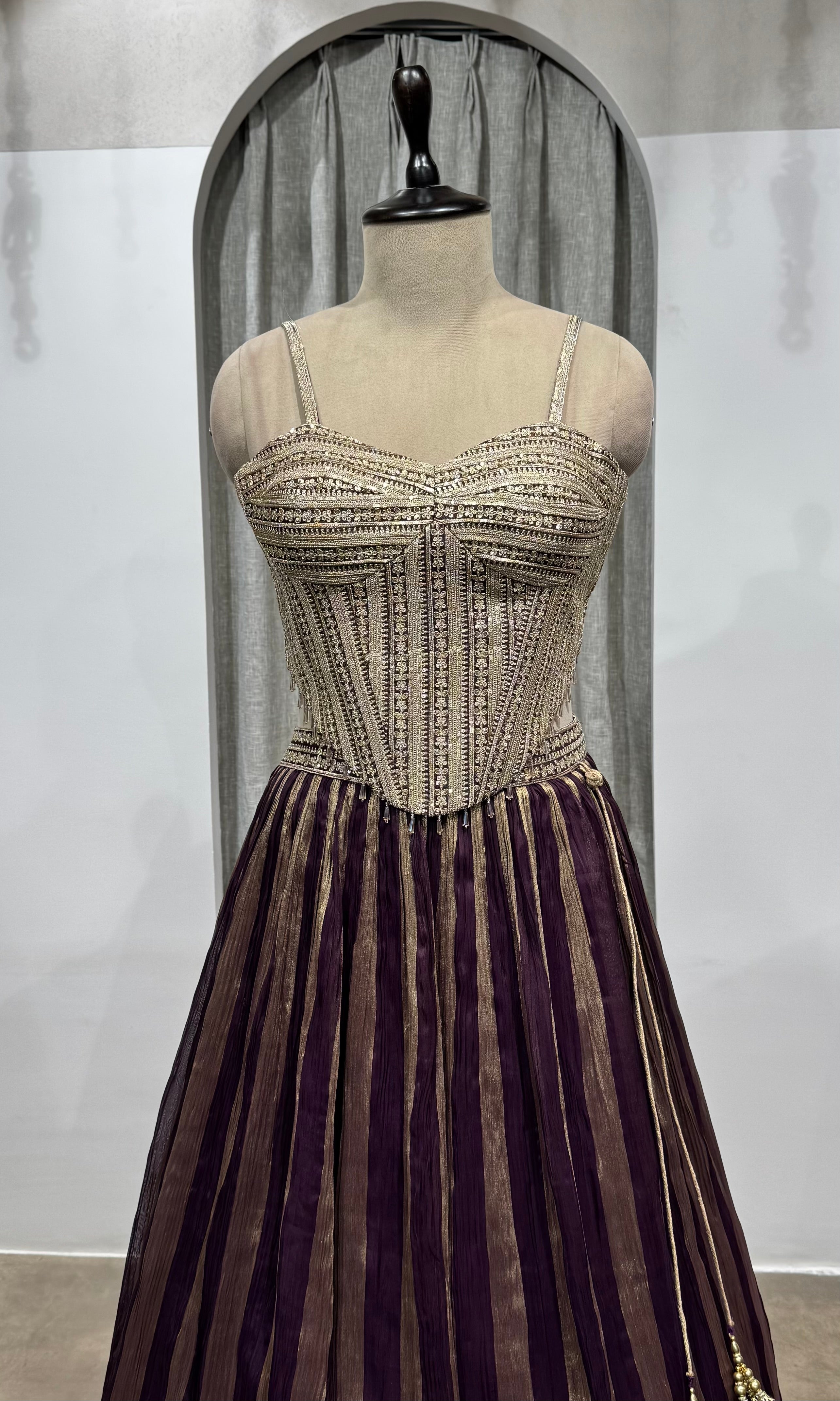 wine and gold striped corset lehenga