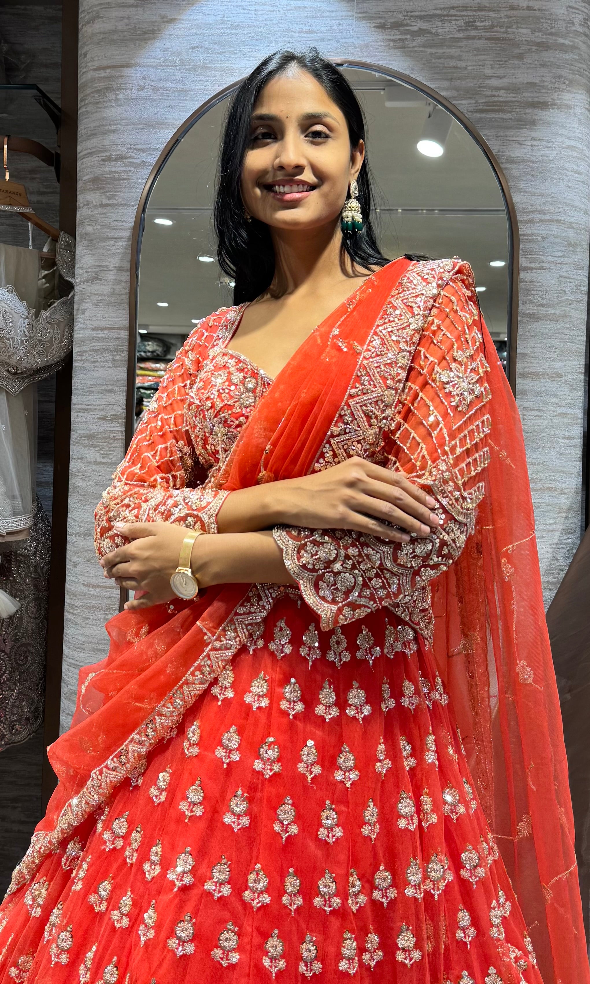 orange bridal intricate embroidery lehenga