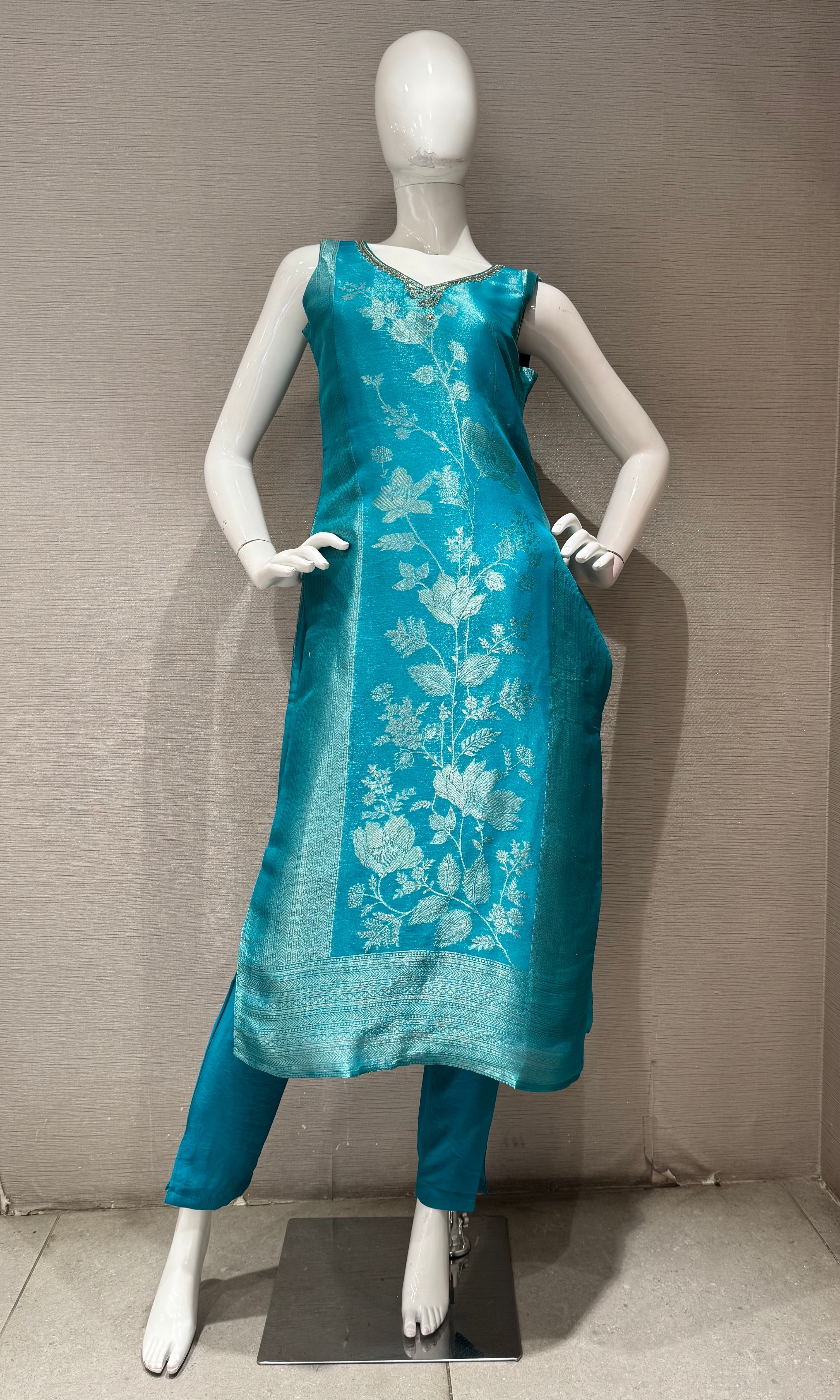 Rama Blue Banarasi Kurta set with Matching Dupatta